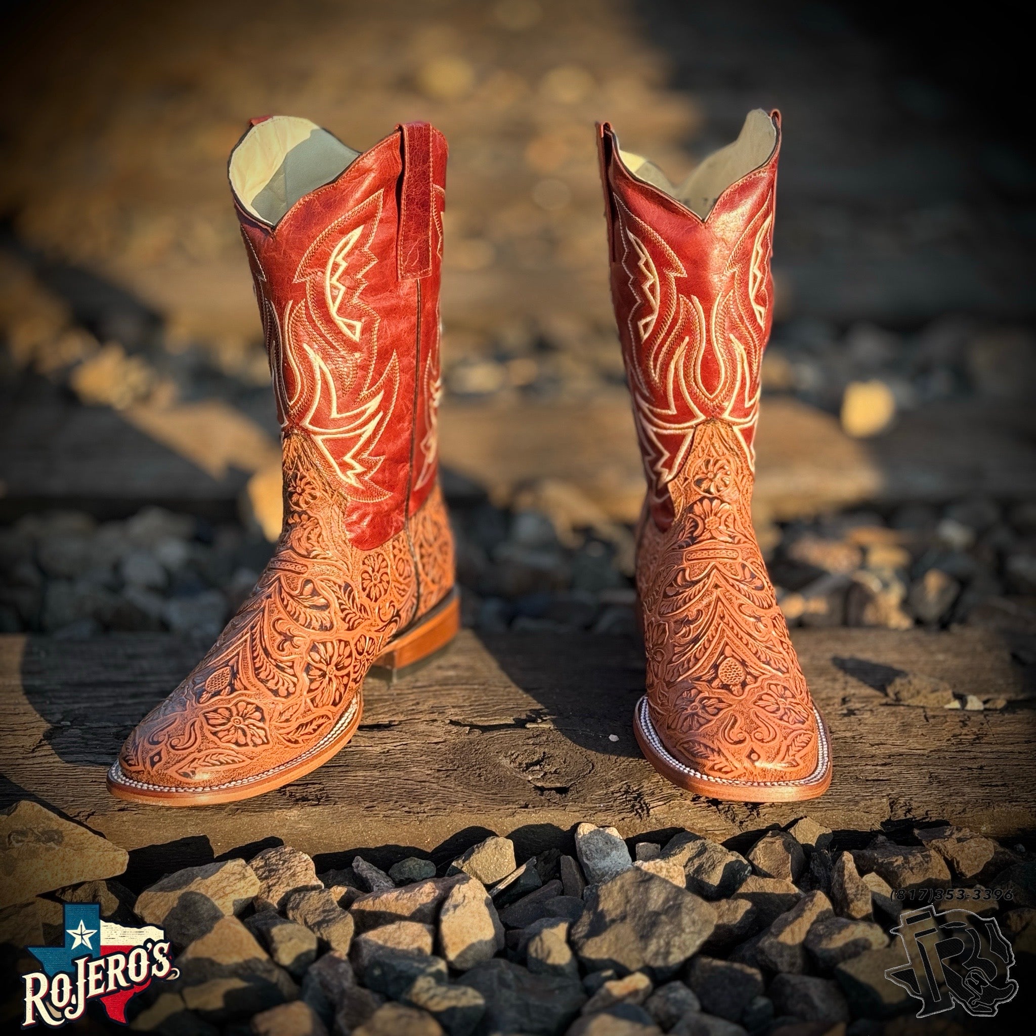 ALFREDO “ | Mens Cognac TOOLED LEATHER Embossed SQUARE TOE BOOTS