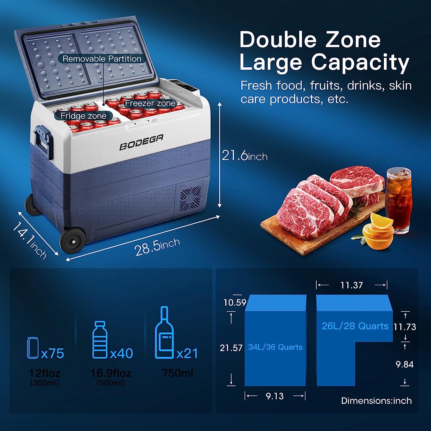 Bodegacooler Portable Fridge 64Qt/60L12V Dual Zone