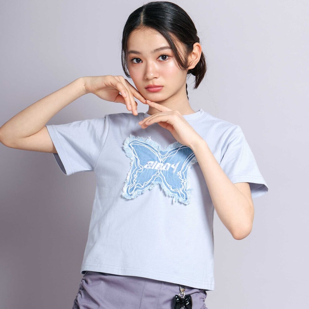 ニコ☆プチ 掲載 】蝶モチーフTシャツ(130~160cm)(130cm ブルー