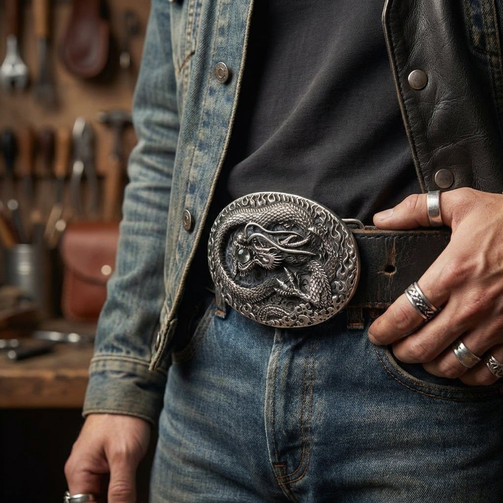 ドラゴン スターリングシルバー バイカー ベルトバックル - Bikerringshop