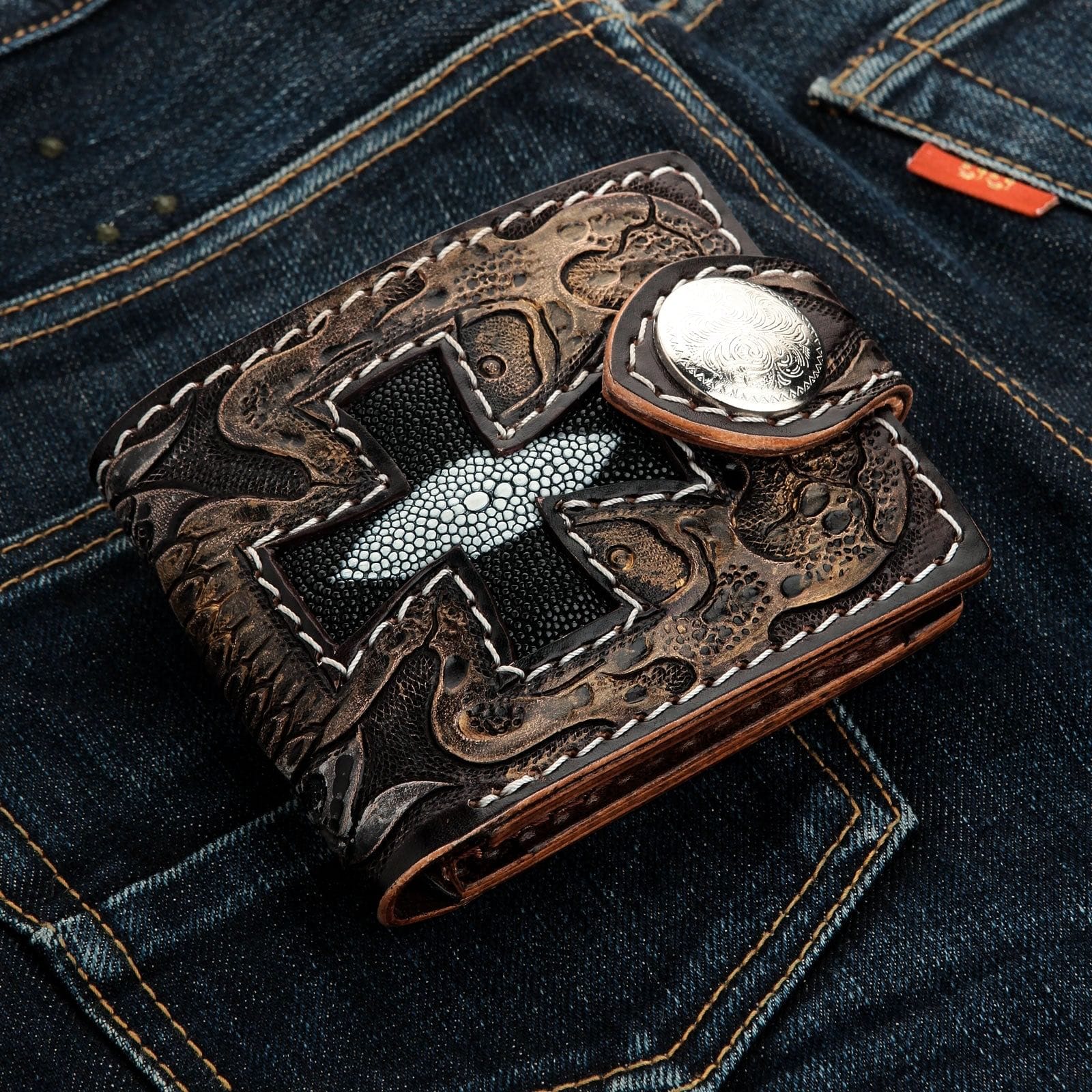 Iron Cross Wallet with Stingray Leather & Skulls | Biker Wallet