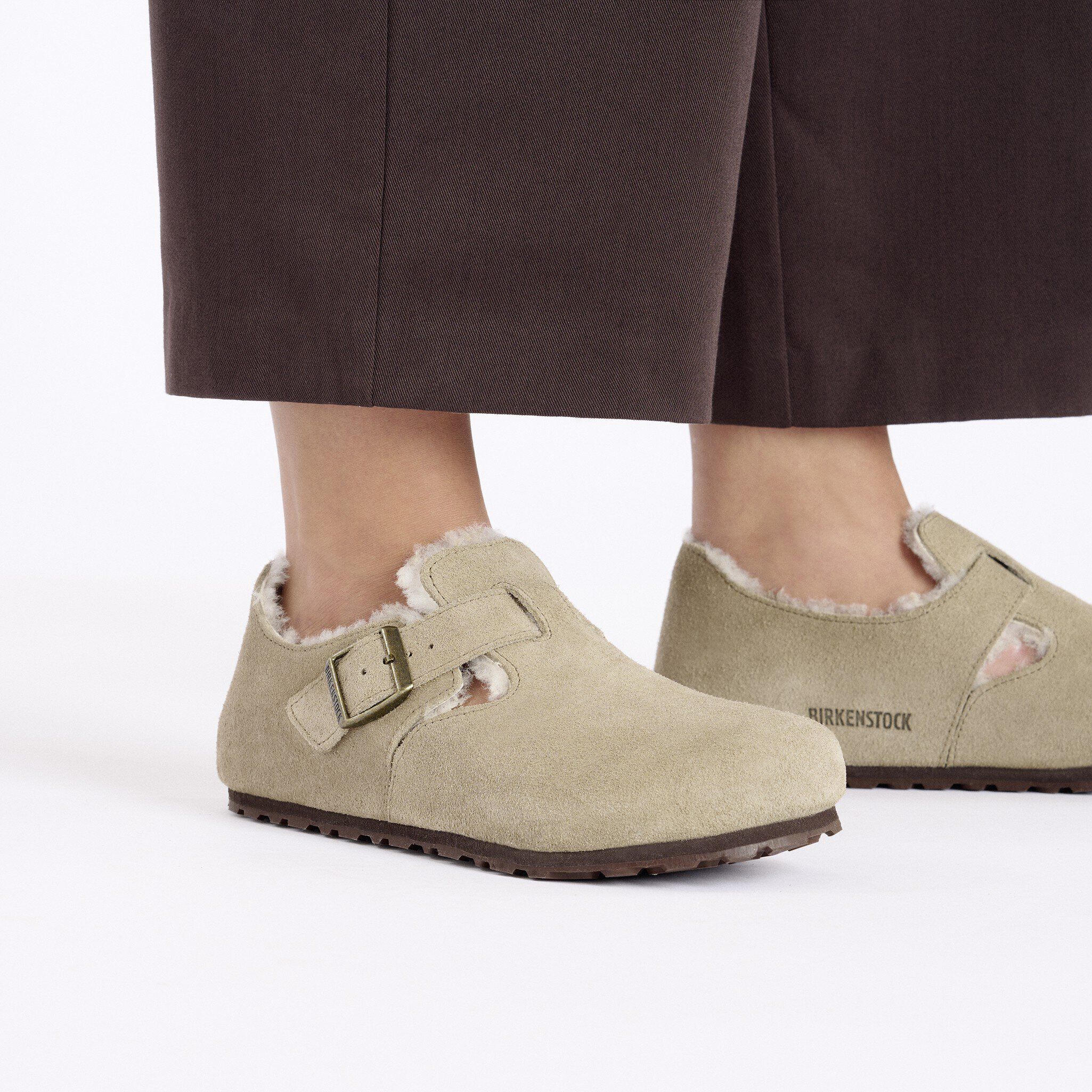 London Shearling Suede Leather in Color Taupe | BIRKENSTOCK US