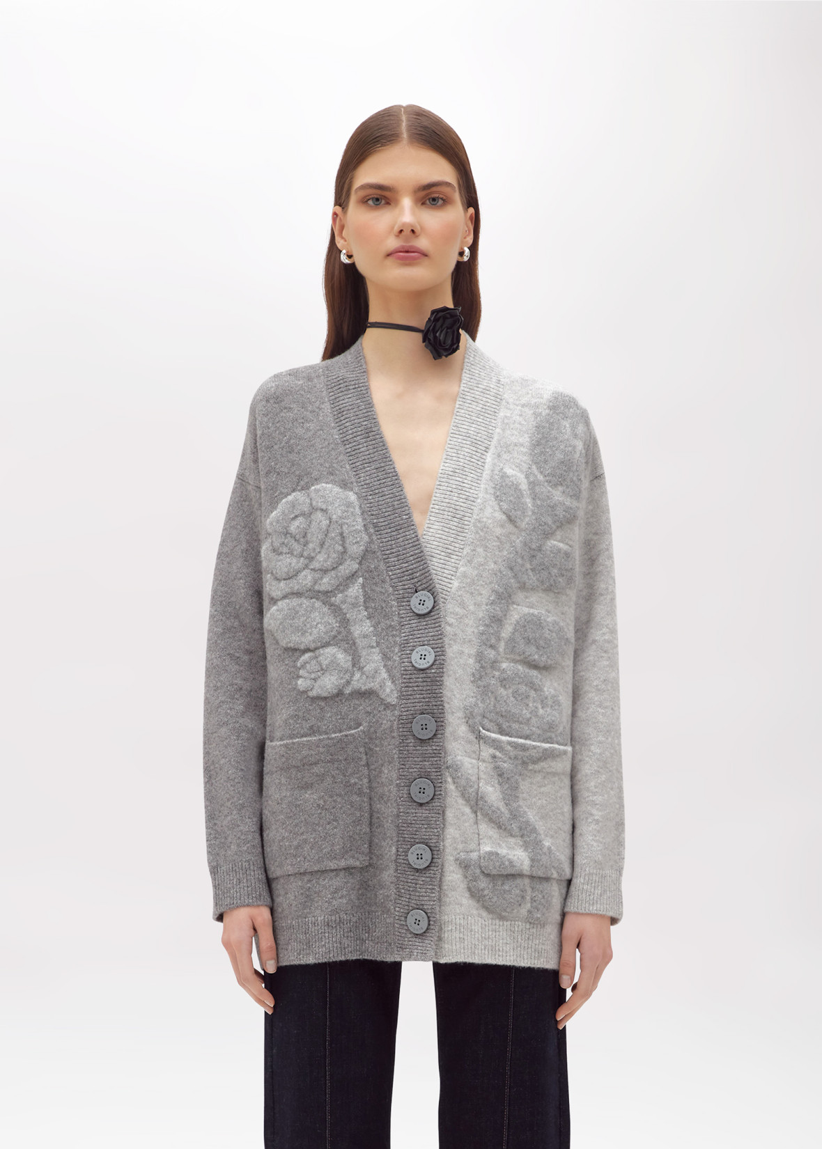 Jacquard Cardigan With Rose Intarsia | Blugirl