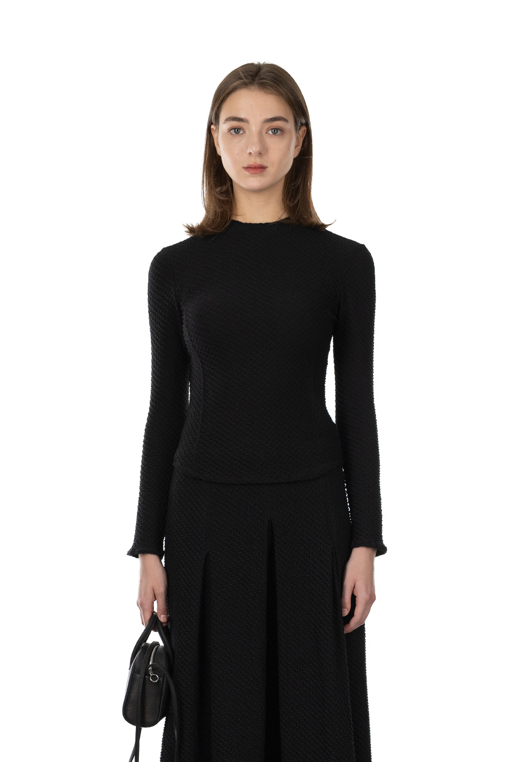 Mame Kurogouchi | Shirring Jersey Jacquard Long Sleeve Top - Black