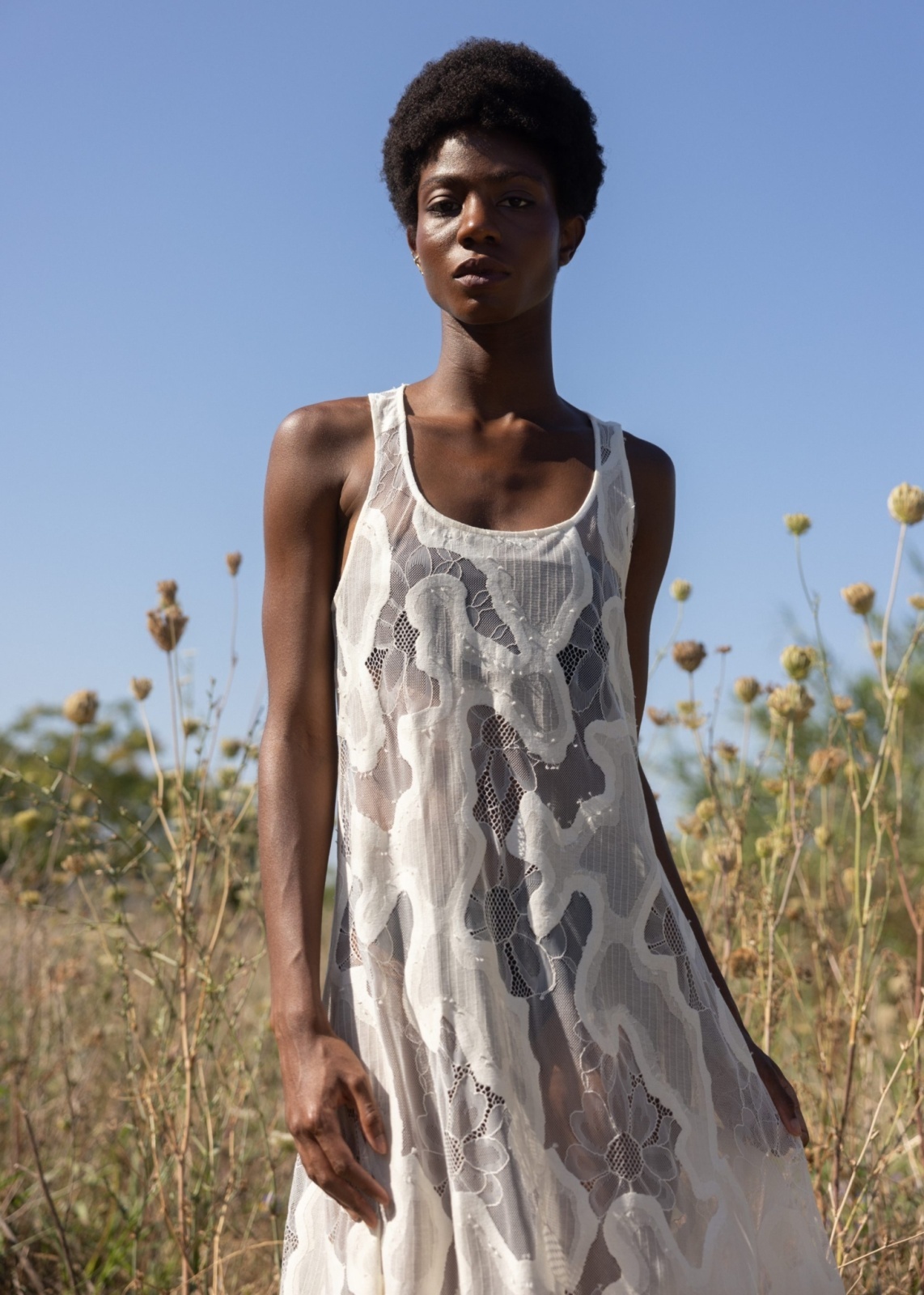 ESTHE - SHEER LACE SLIP DRESS シアーレースドレス - OFF WHITE