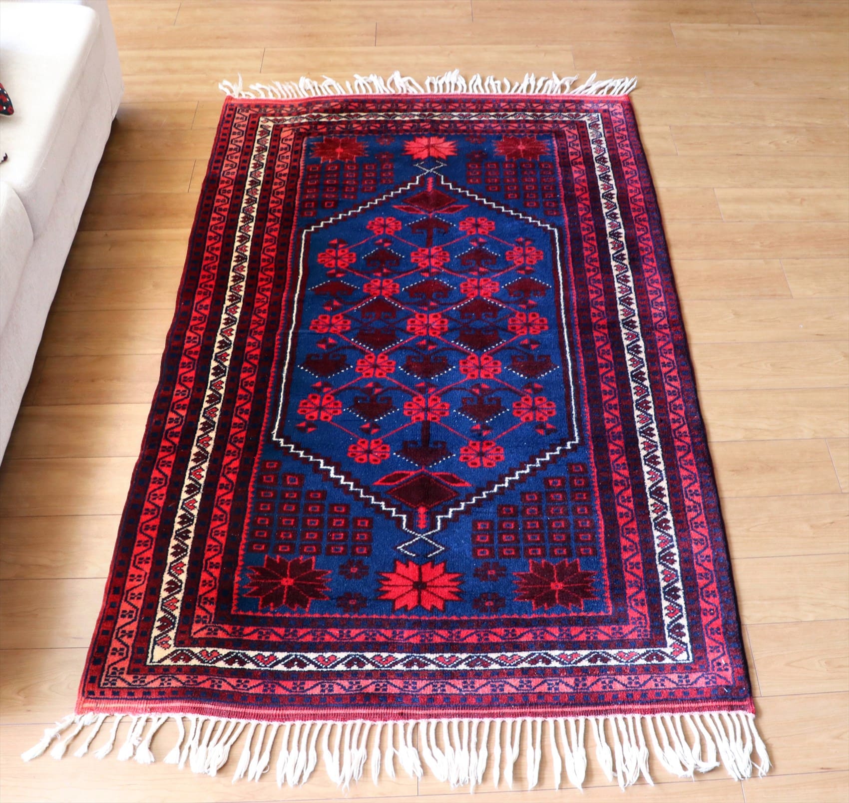 ヤージベディル トルコ絨毯/トライバルラグ191×113cm ブルー＆レッド