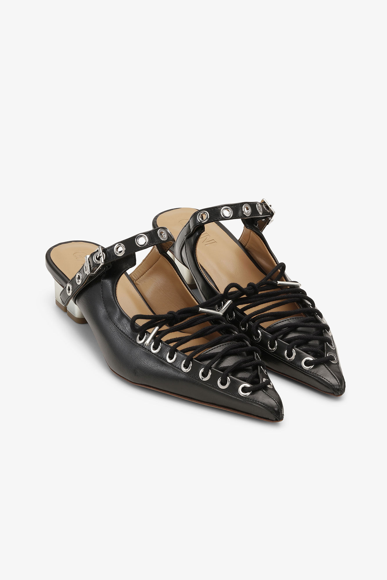 Black Lace-Up Mules in Black Oleatex | GANNI US