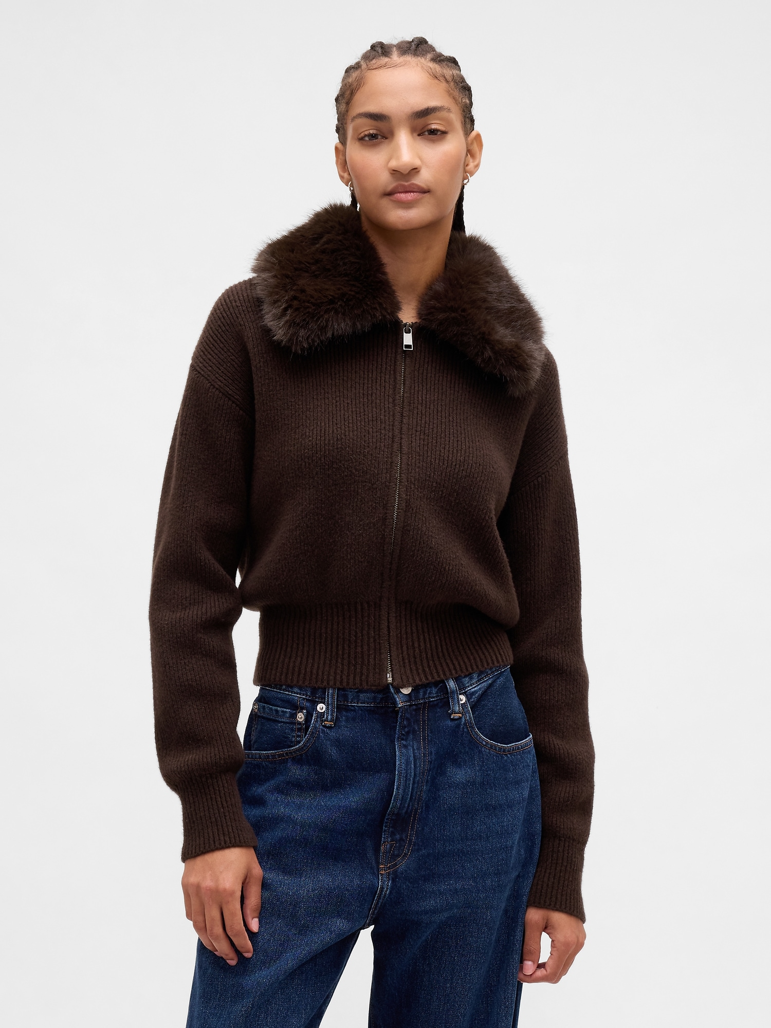 CashSoft Faux-Fur Collar Zip Cardigan Sweater | Gap