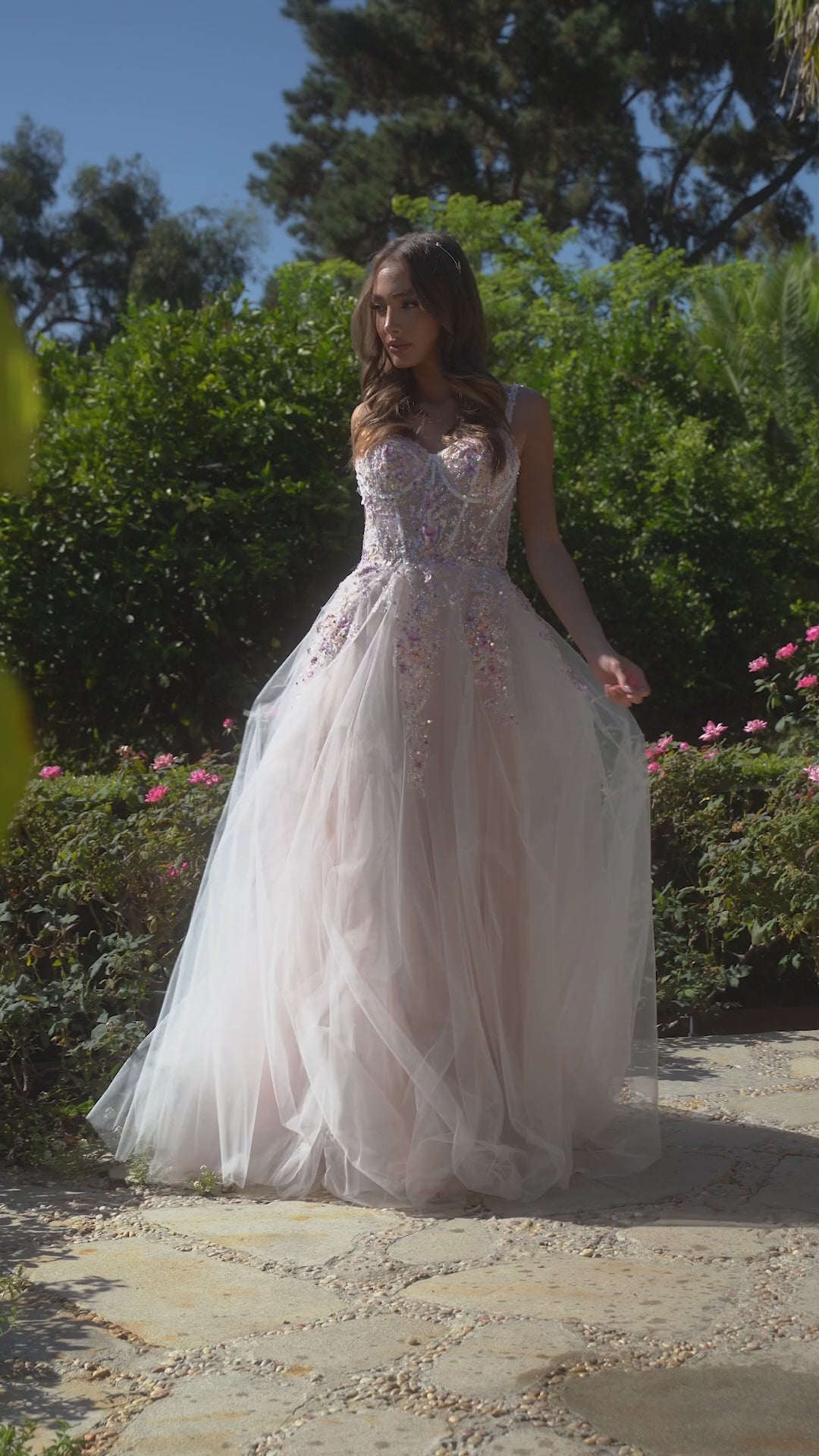 Andrea & Leo Couture A1288 A Line Sheer Corset Floral Prom Dress