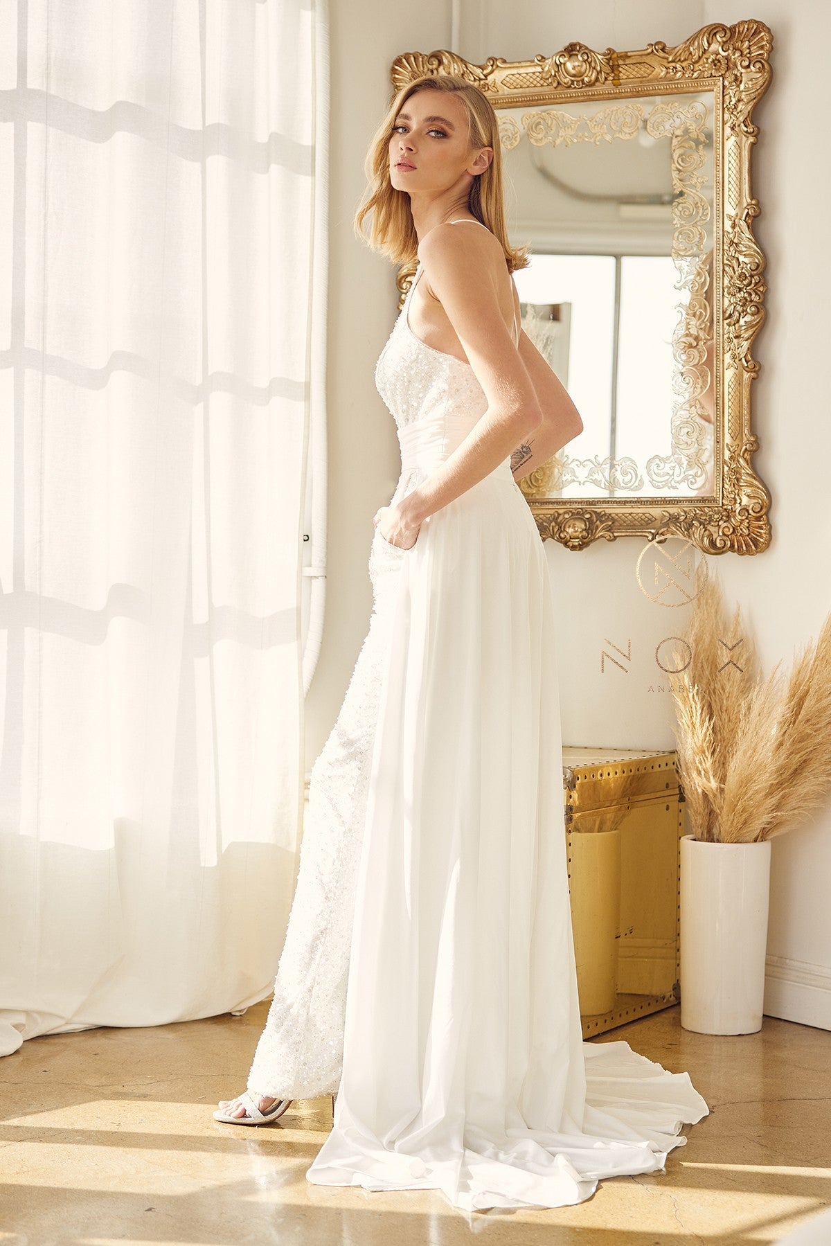 Nox Anabel JE926 Size 4 Sequin & Pearl Bridal V Neck Jumpsuit