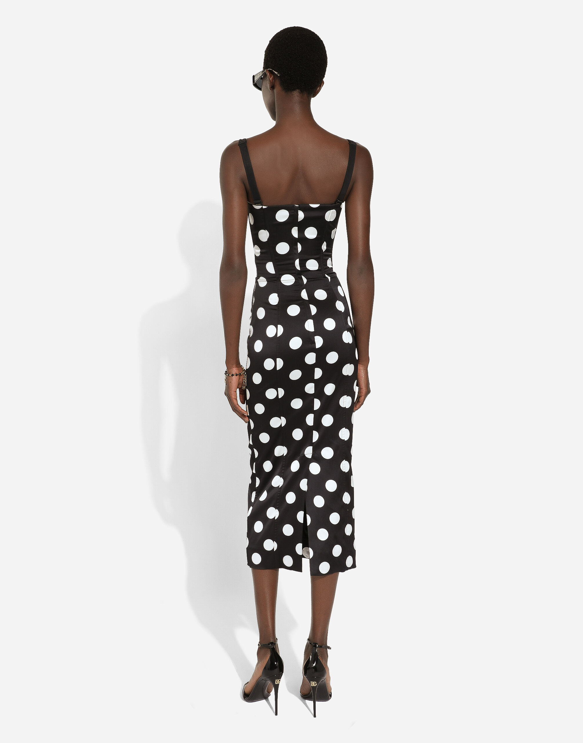 Satin midi dress with polka-dot print and corset details in Print