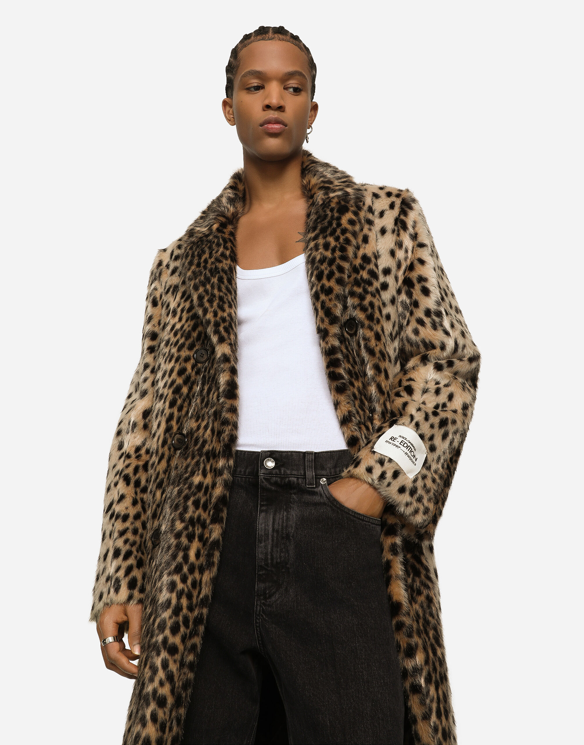 Lynx-effect jacquard faux fur coat in Multicolor for Men