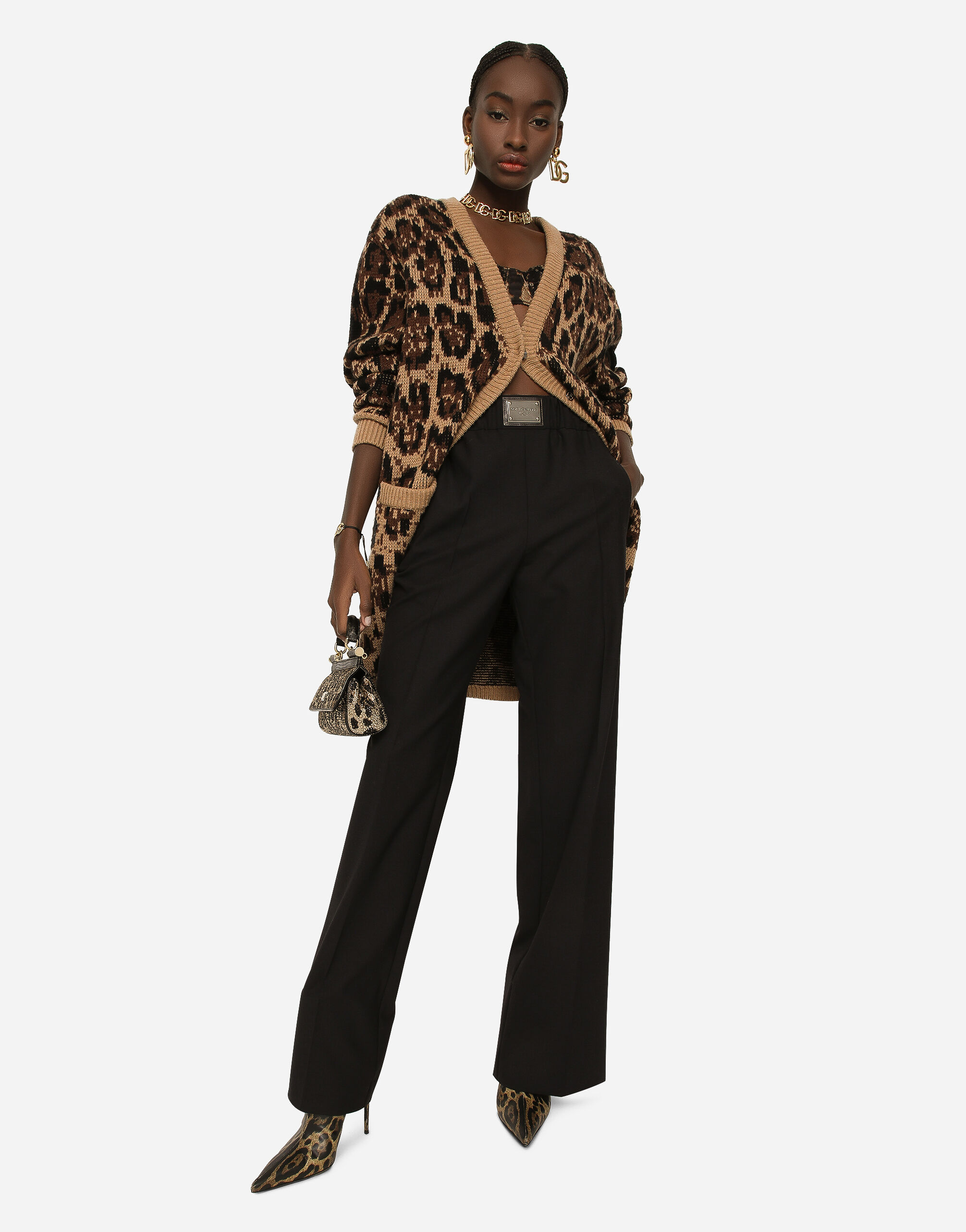 Long wool and cashmere cardigan with jacquard leopard design in