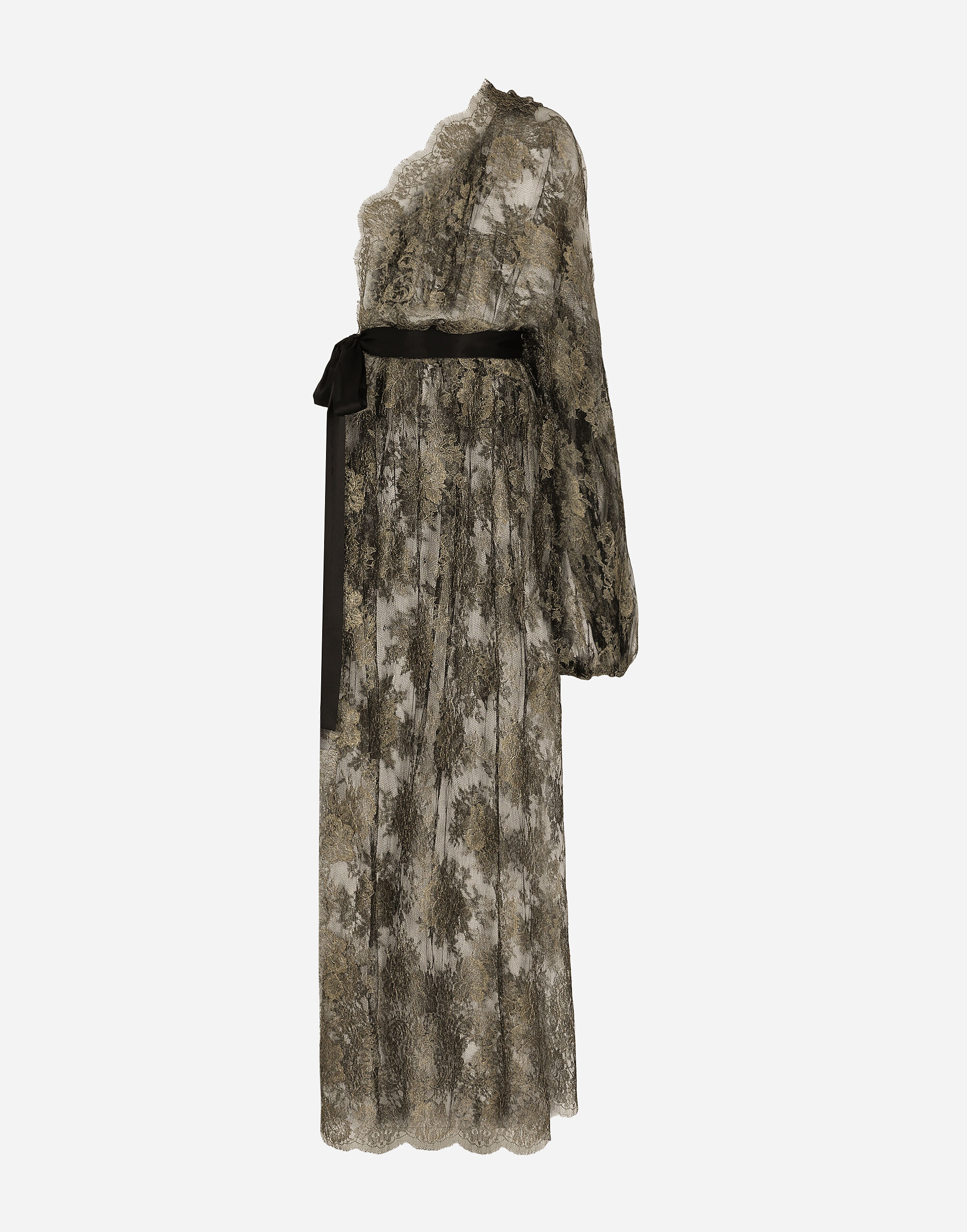 Calf-length one-shoulder lamé Chantilly lace dress in Gold for