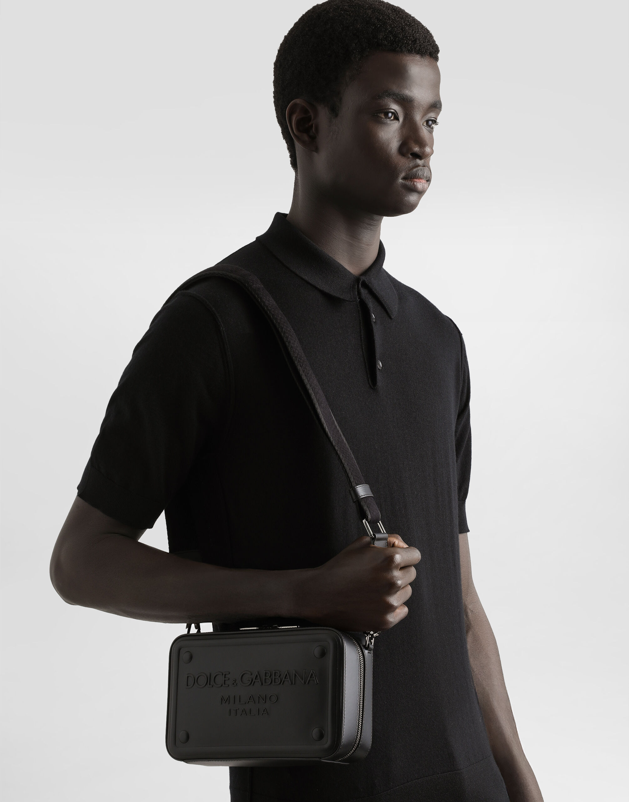 Calfskin crossbody bag with raised logo in Black for Men