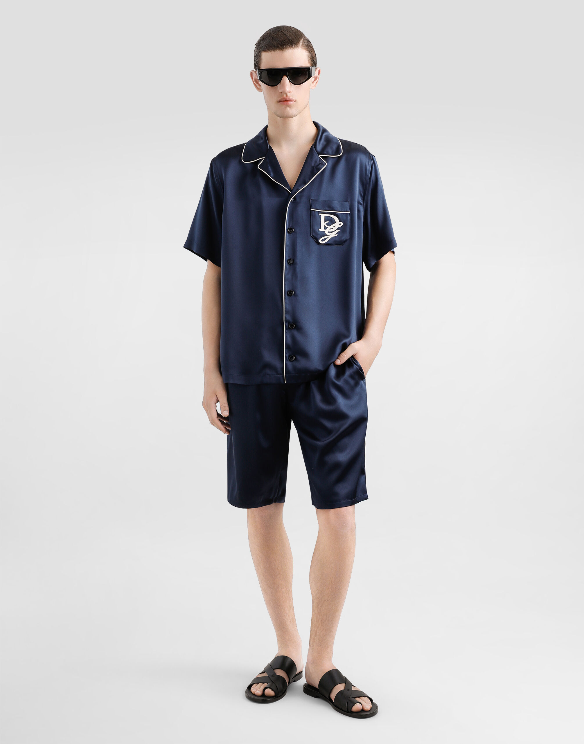 Silk satin shirt with logo in Blue for Men | Dolce&Gabbana® US