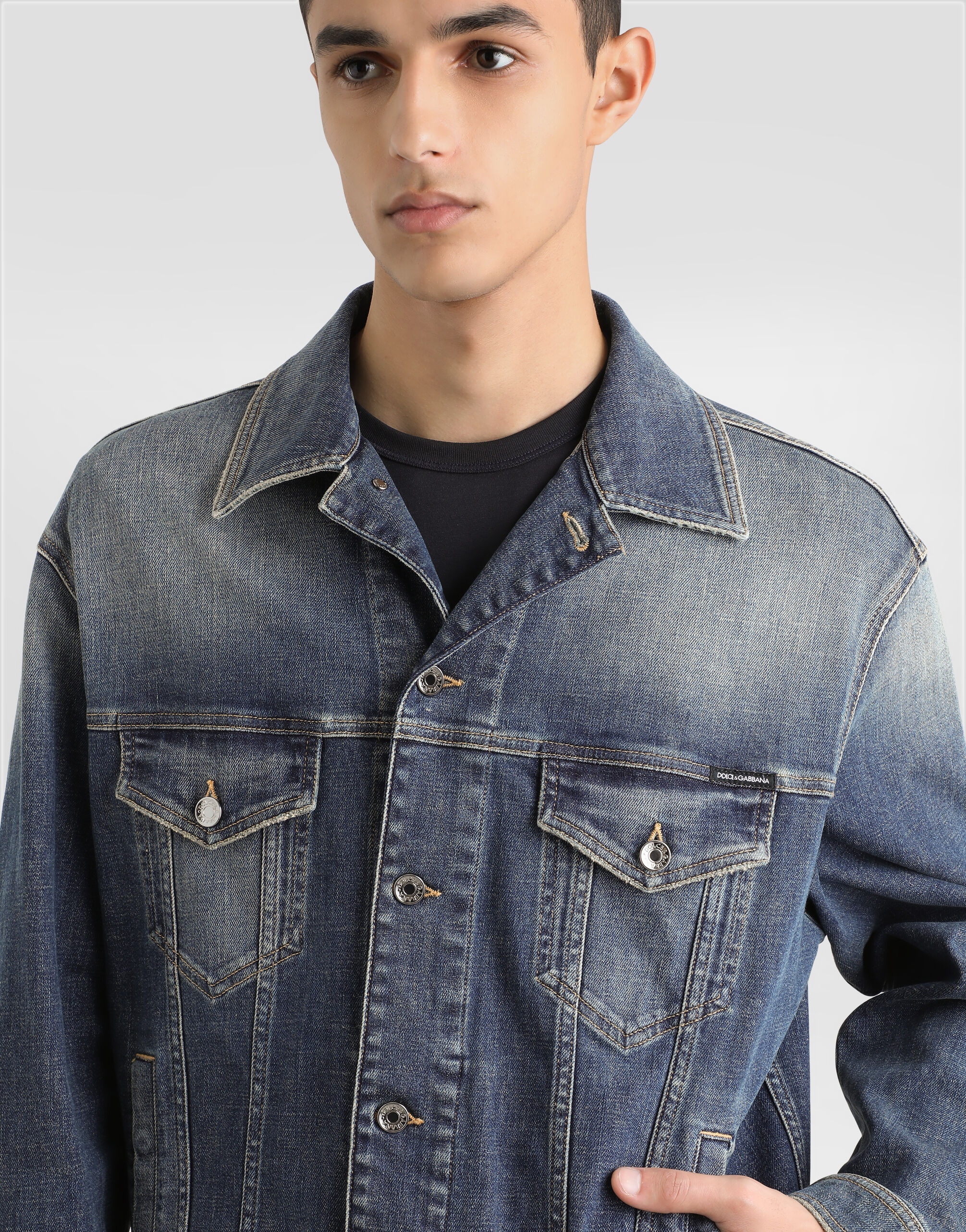 Stretch light blue wash denim jacket in Multicolor for Men