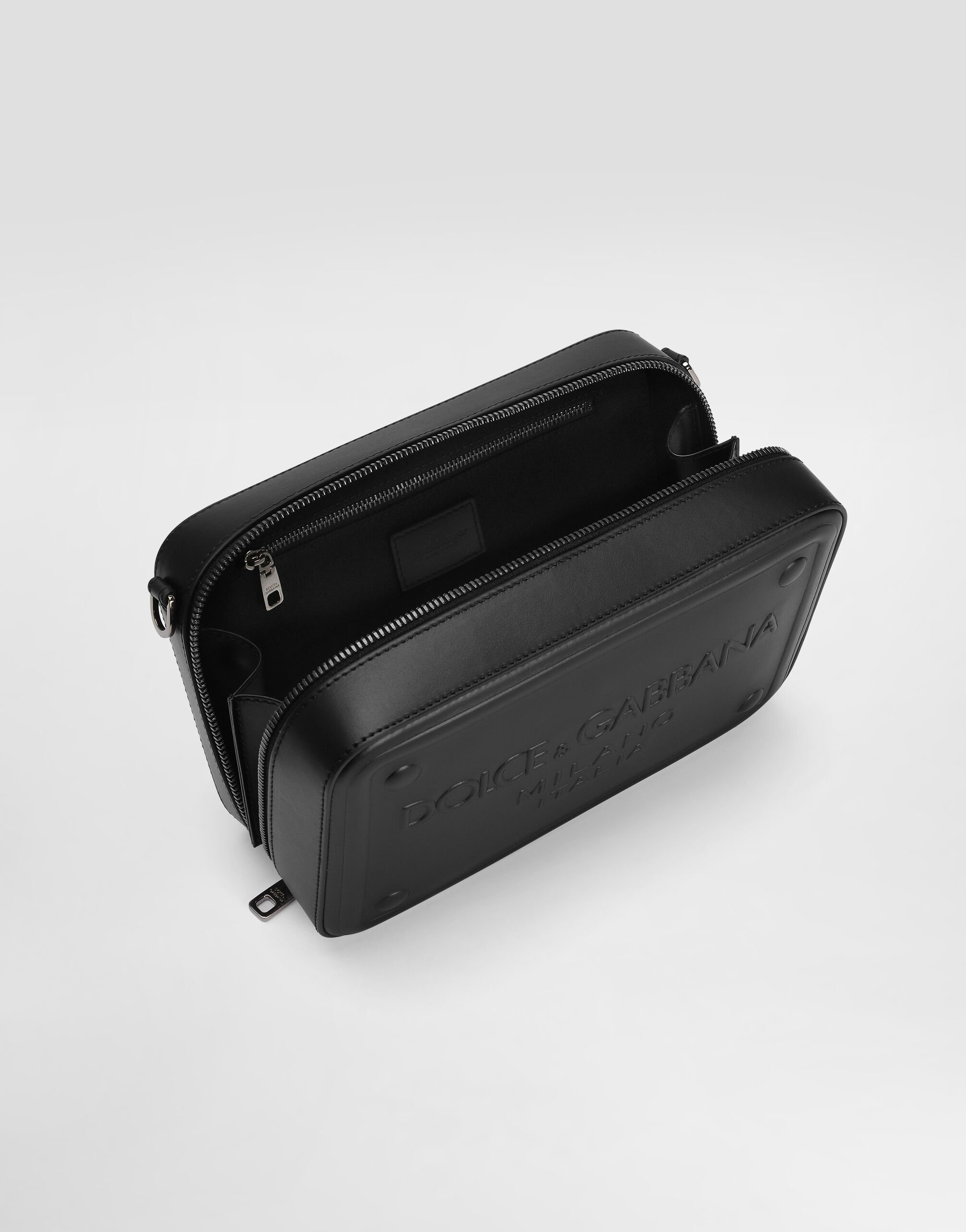 Calfskin crossbody bag with raised logo in Black for Men