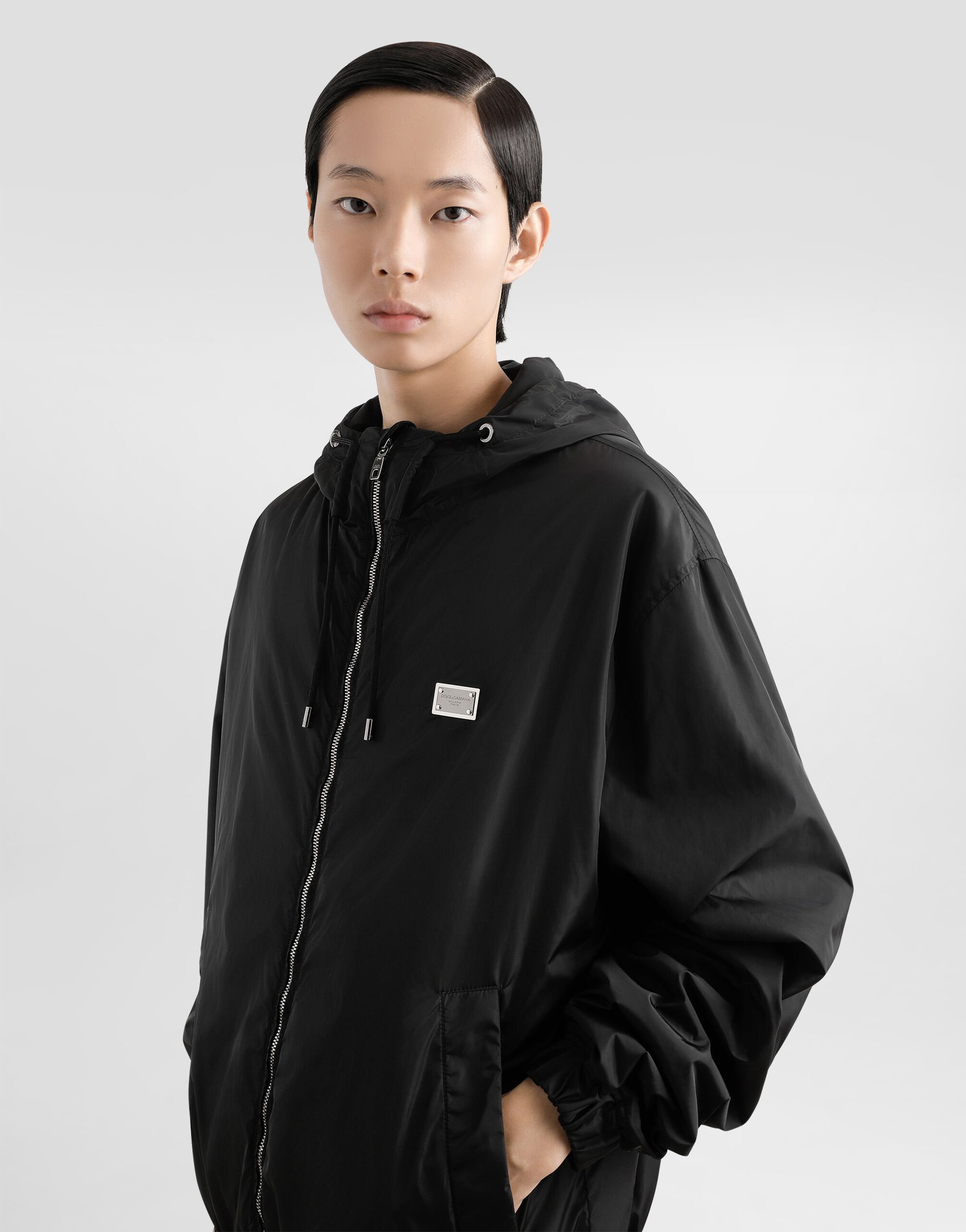 Technical fabric jacket with hood and tag in Black for Men