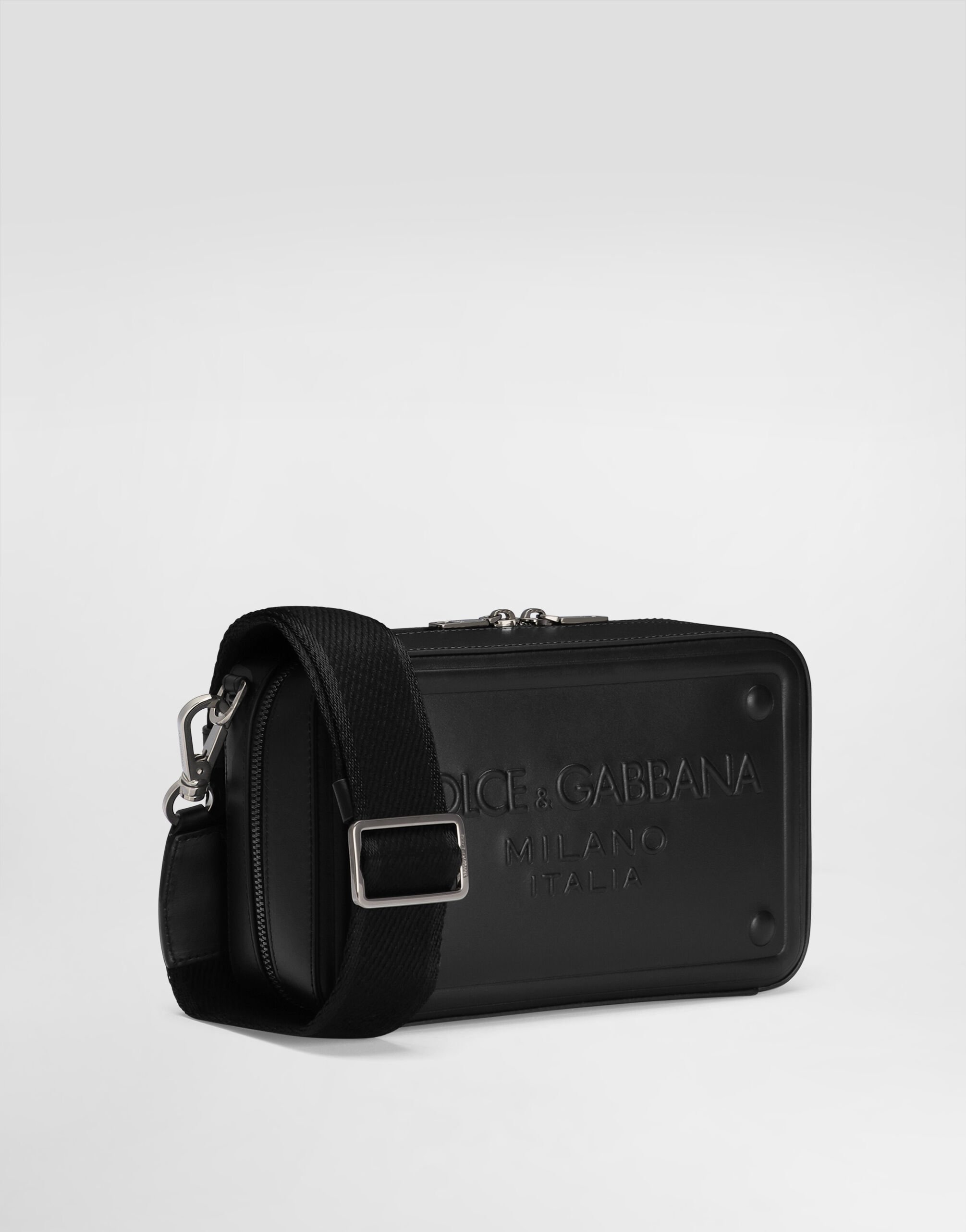 Calfskin crossbody bag with raised logo in Black for Men