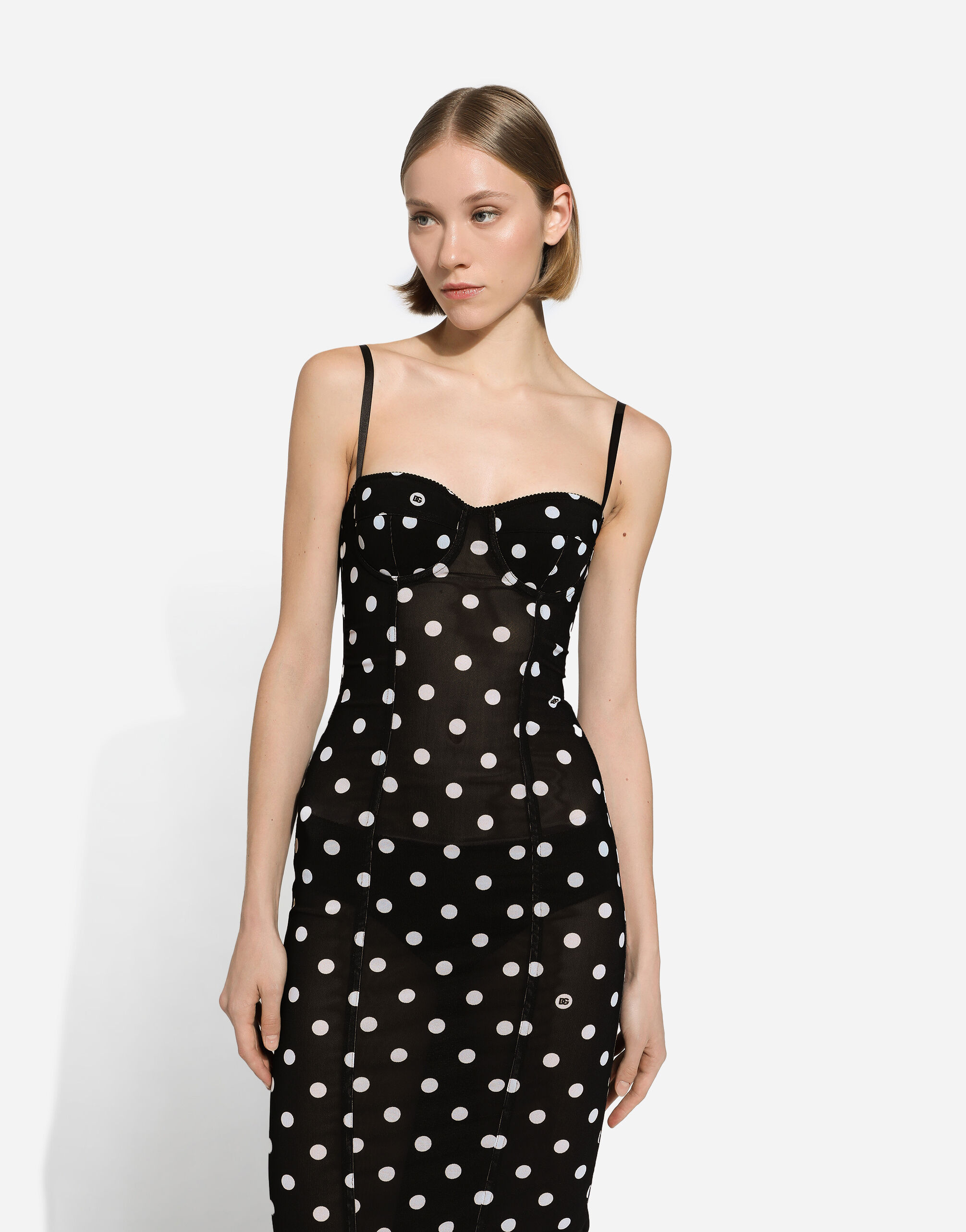 Marquisette sheath dress with polka-dot print and corset details
