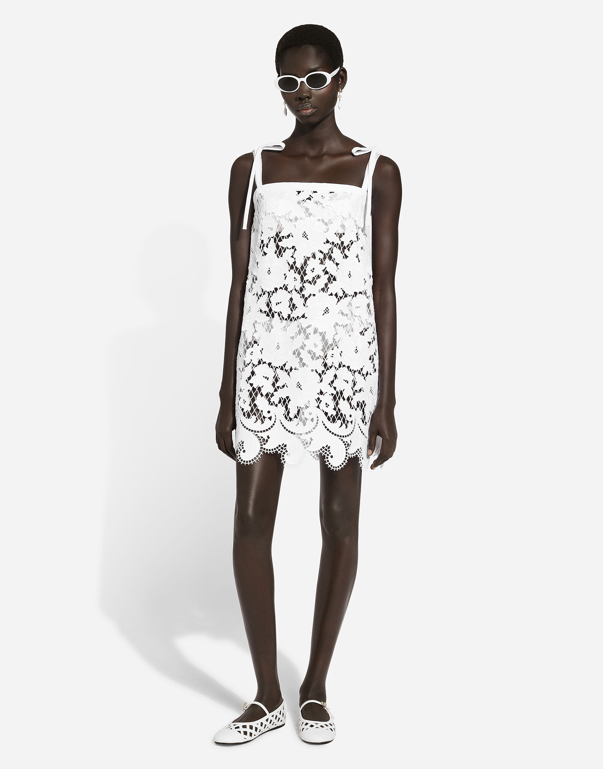 Cotton minidress with floral openwork embroidery in White for