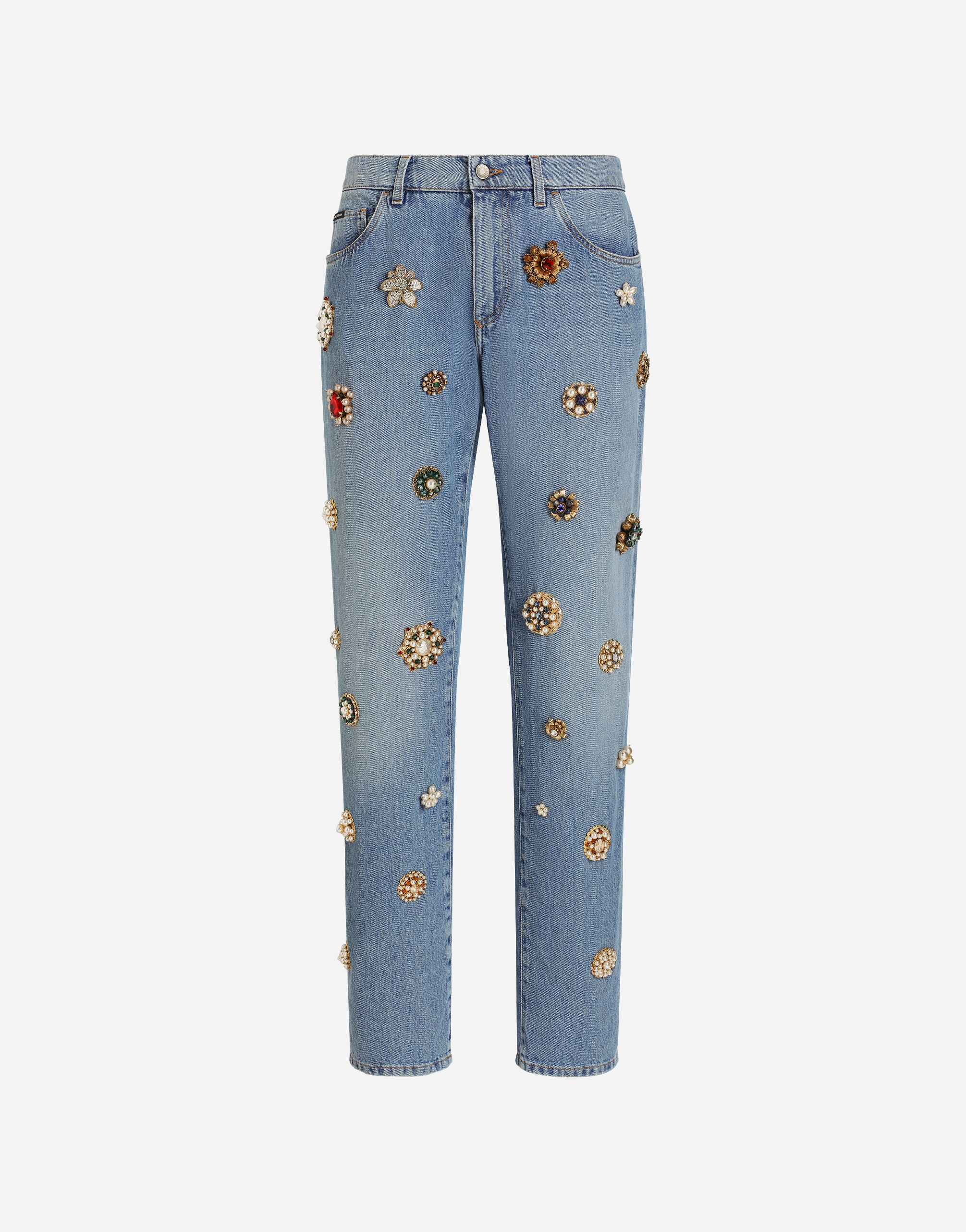 Classic cotton jeans with tag and bejeweled details in Multicolor