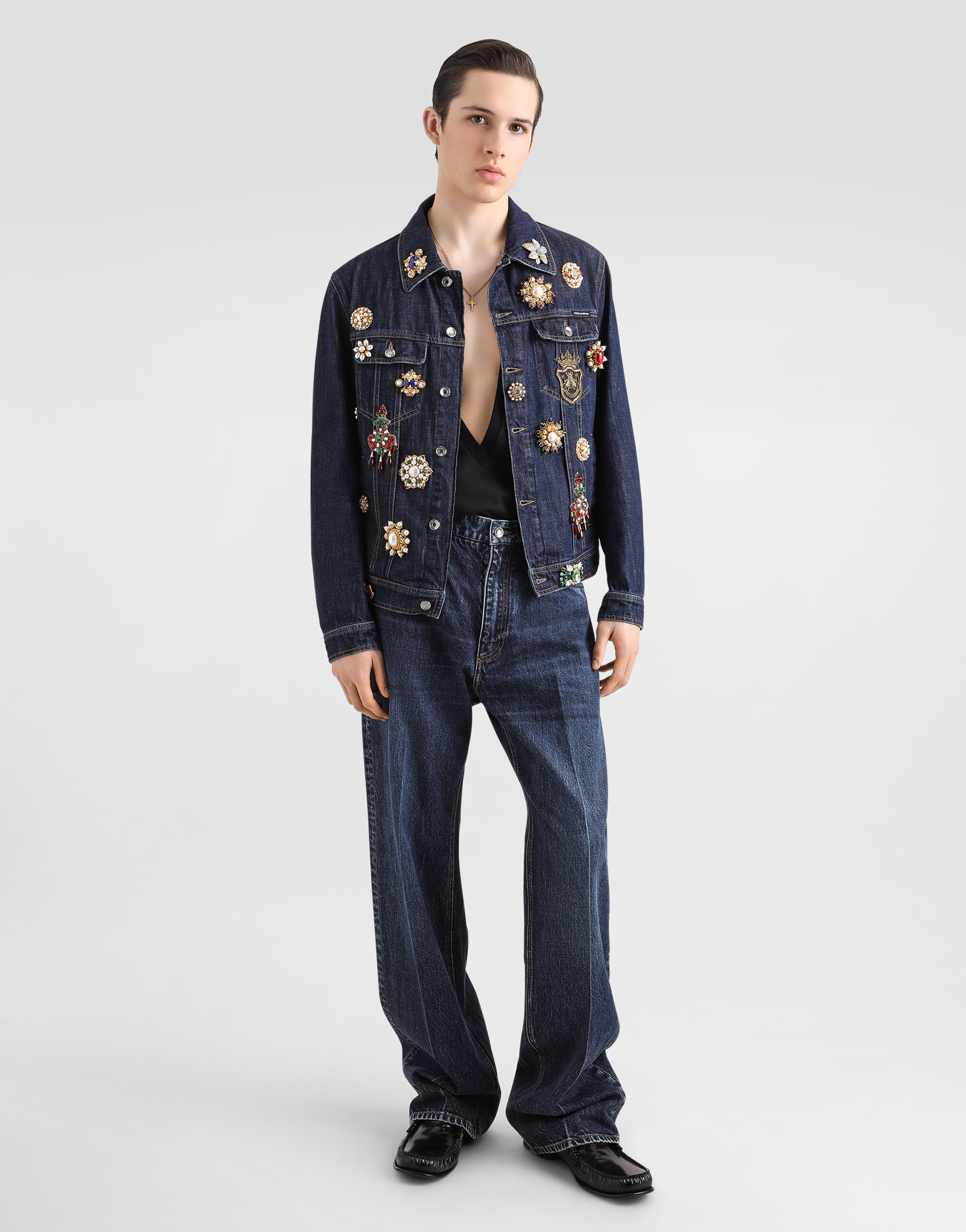 Cotton denim jacket with bejeweled detailing in Multicolor for Men