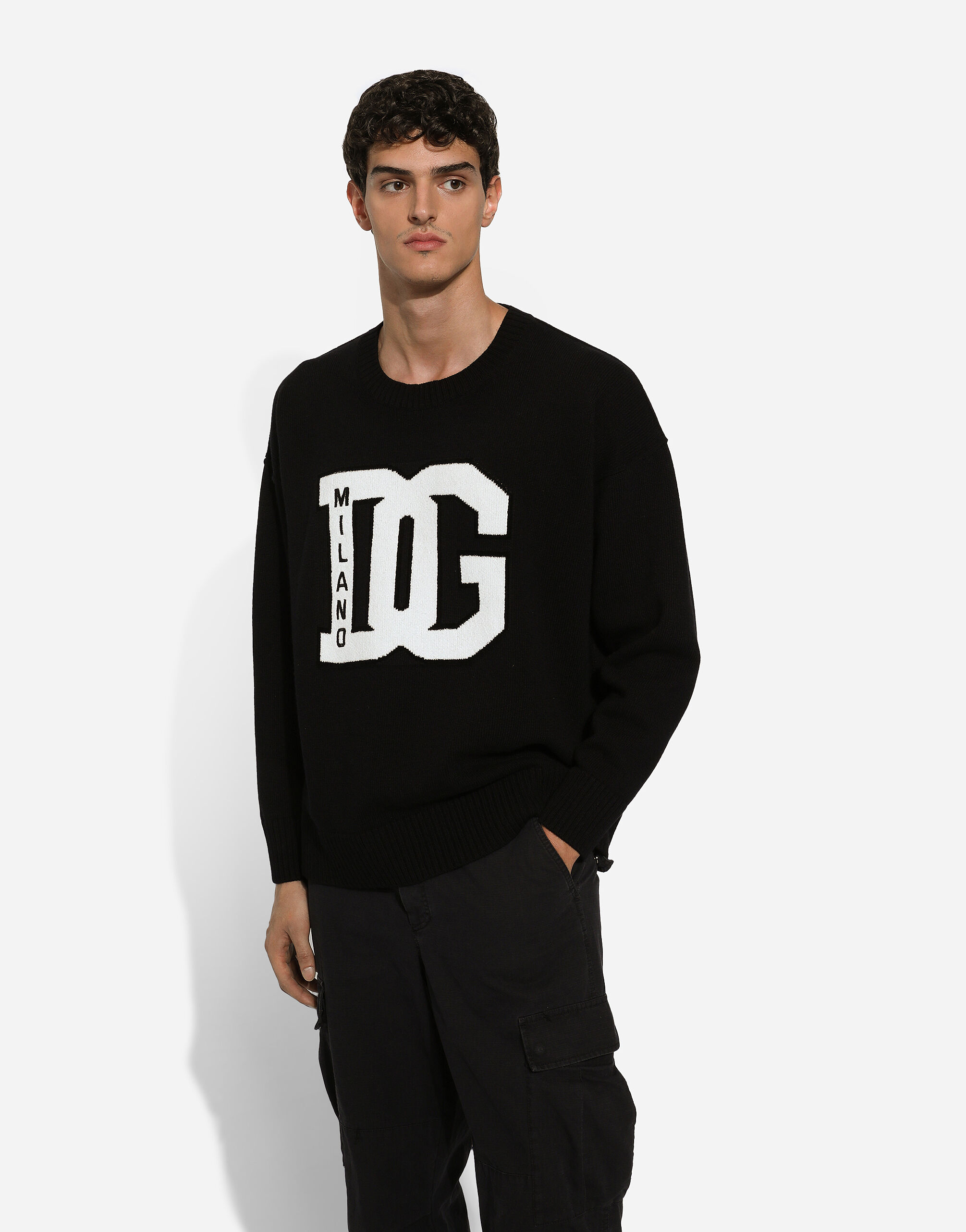 Wool round-neck sweater with DG inlay in Black for Men