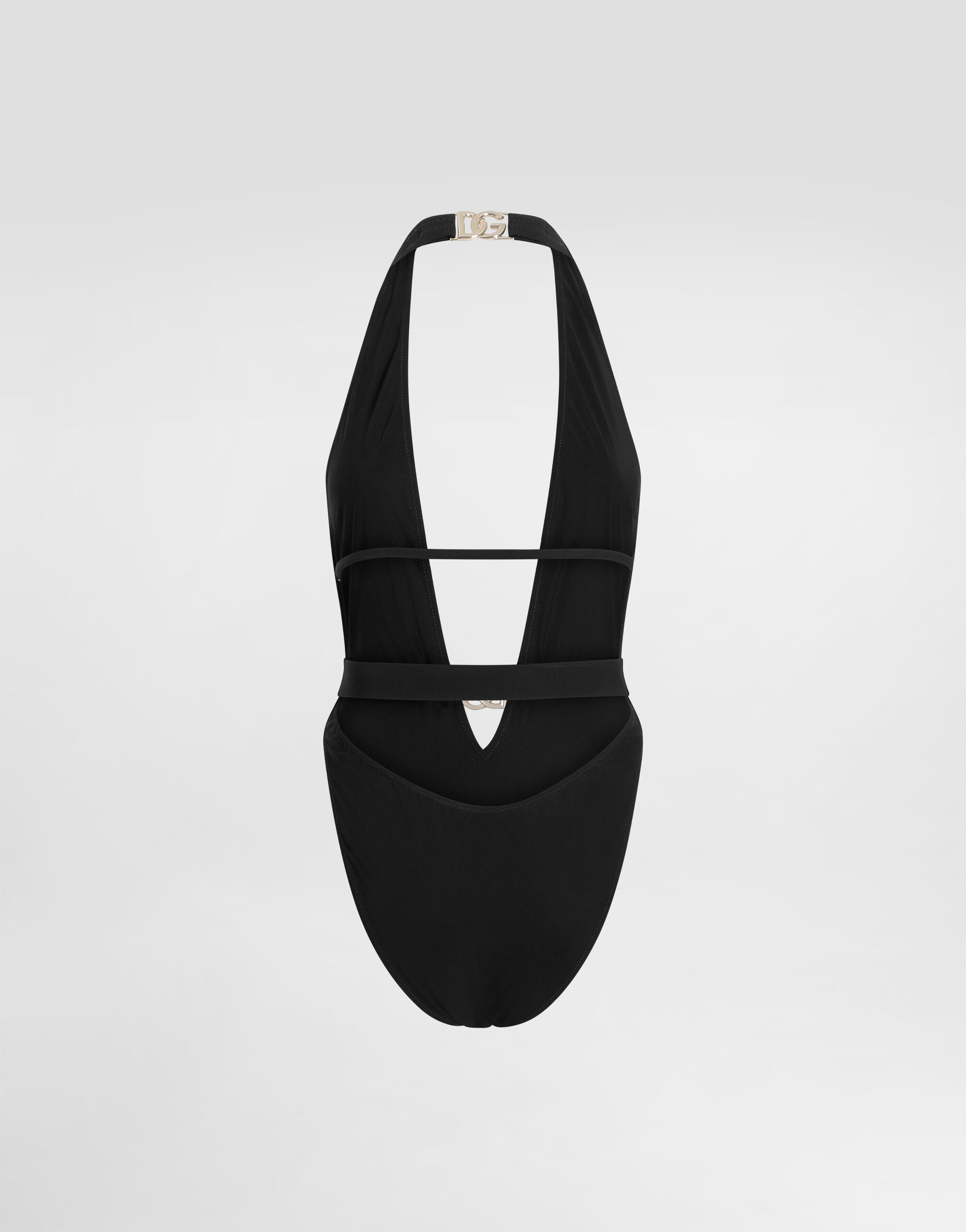 One-piece swimsuit with plunging neck and belt in Black for Women