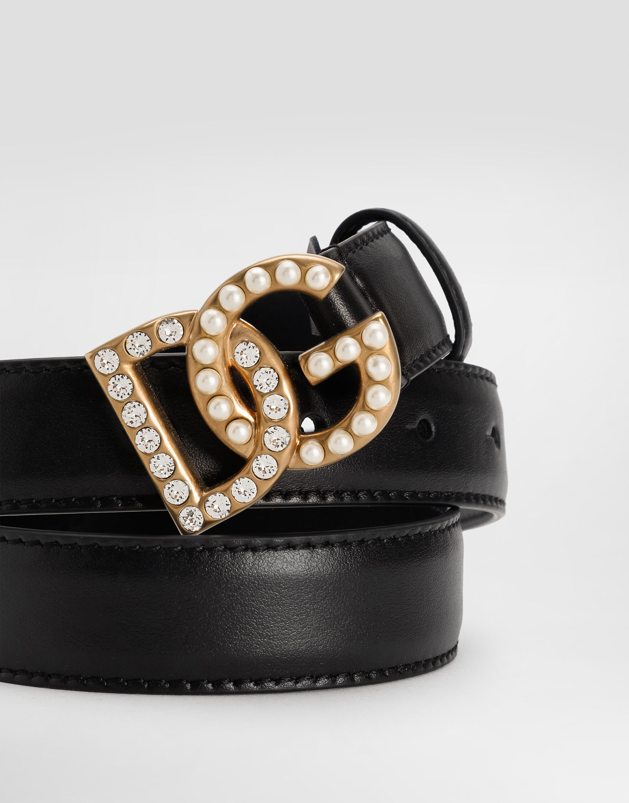 Calfskin belt with DG logo with rhinestones and pearls in