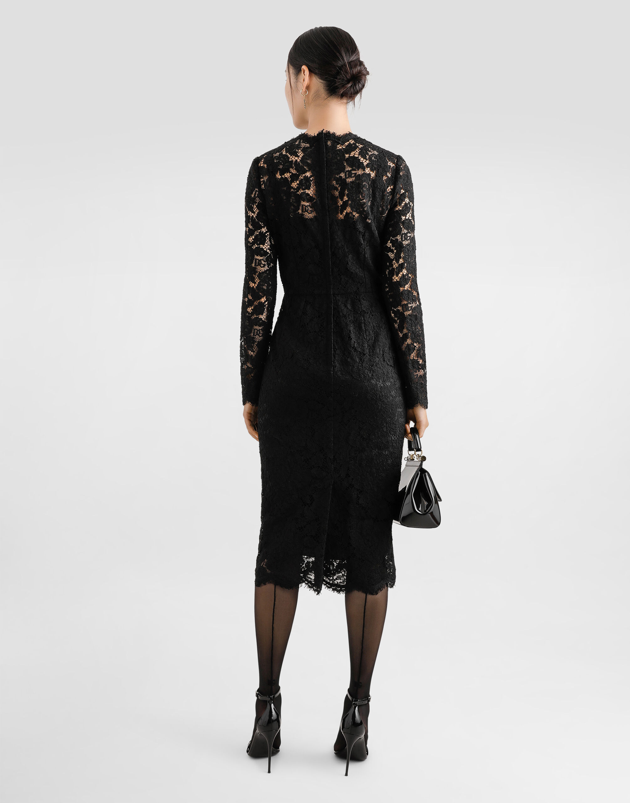 Long-sleeved calf-length dress in branded stretch lace in Black