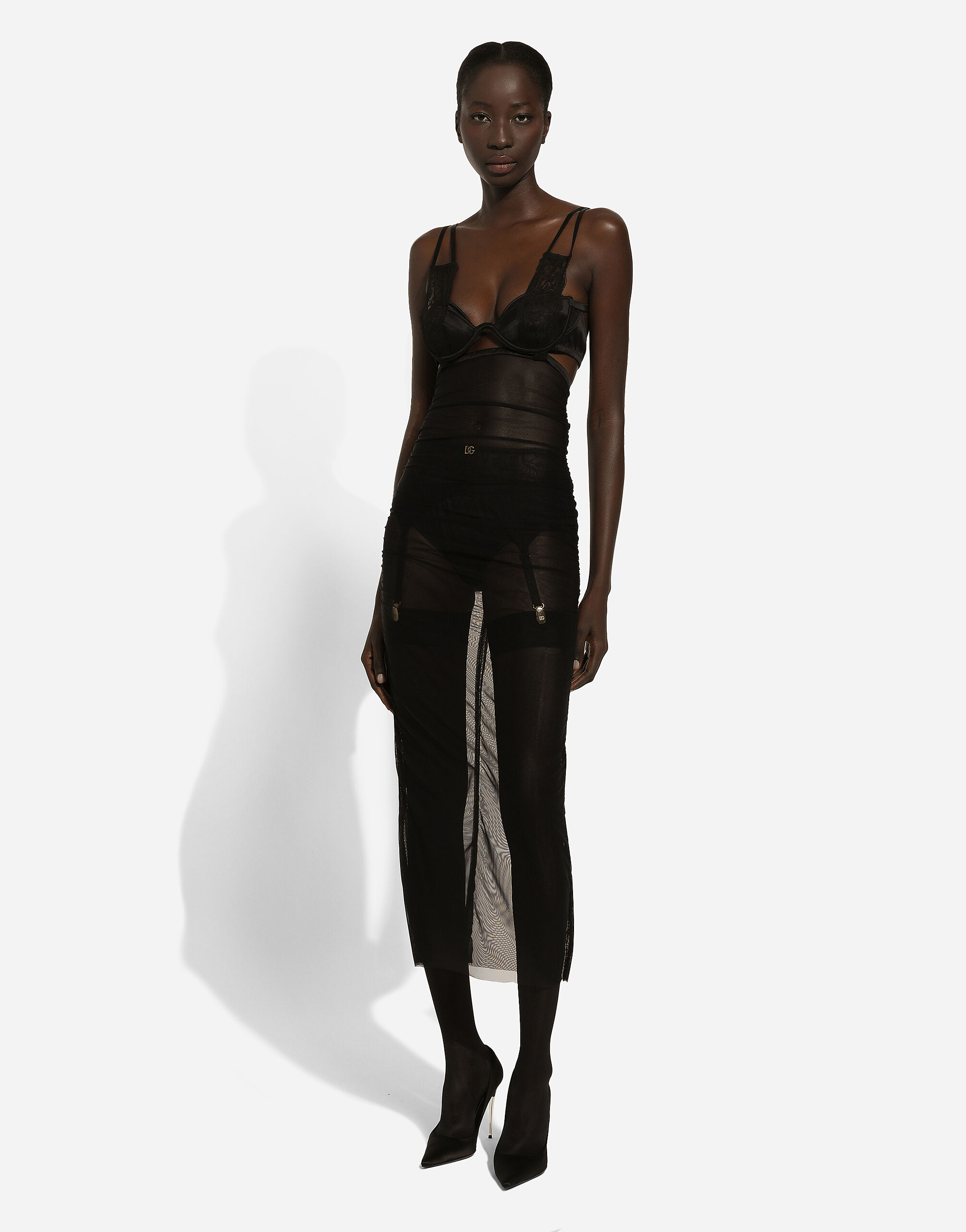 Tulle calf-length dress with corset details in Black for Women