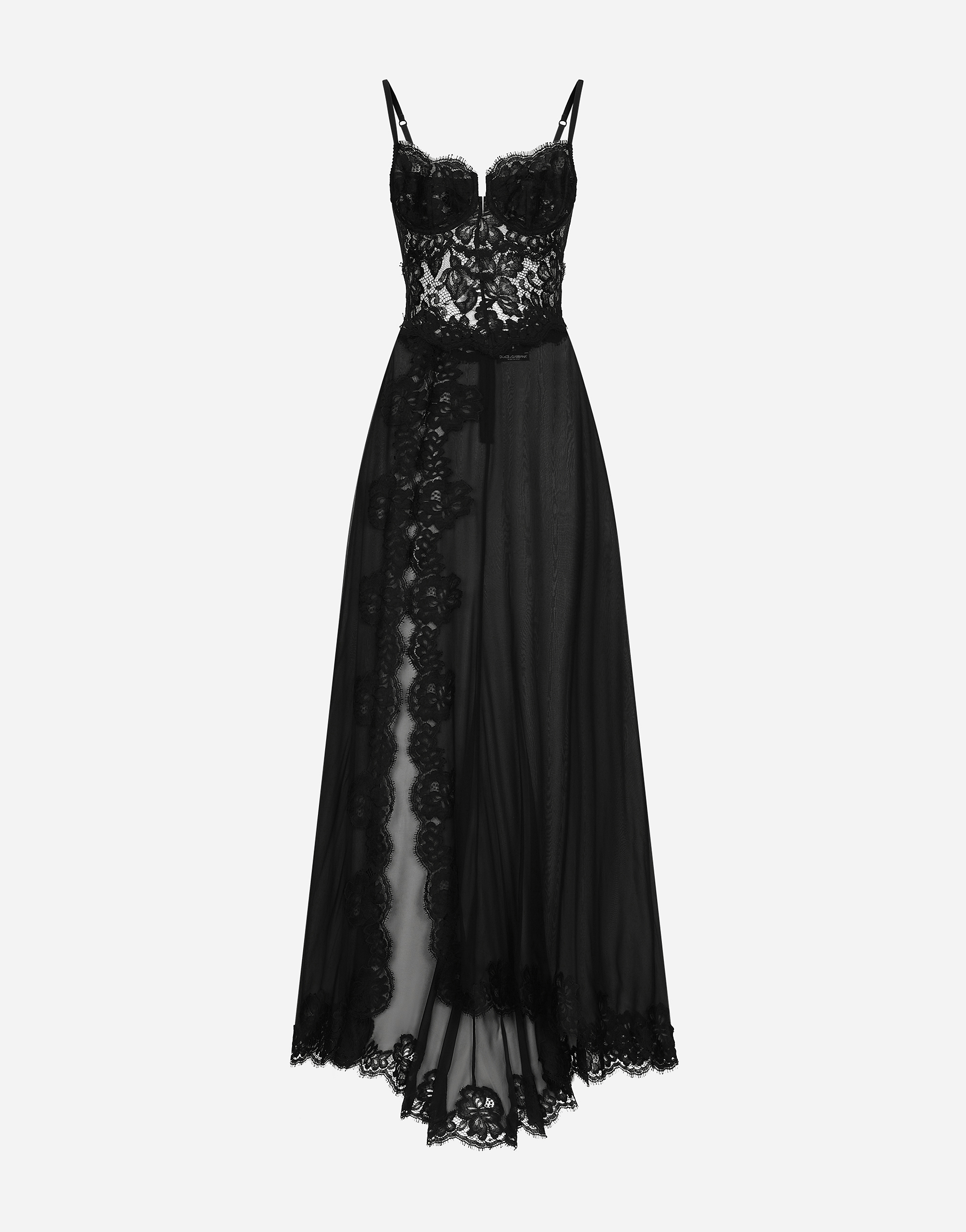 Long silk chiffon and Chantilly lace slip dress in Black for Women
