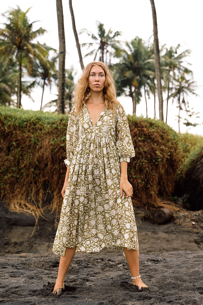 Kyra Midi Dress ~ Olive – Daughters of India