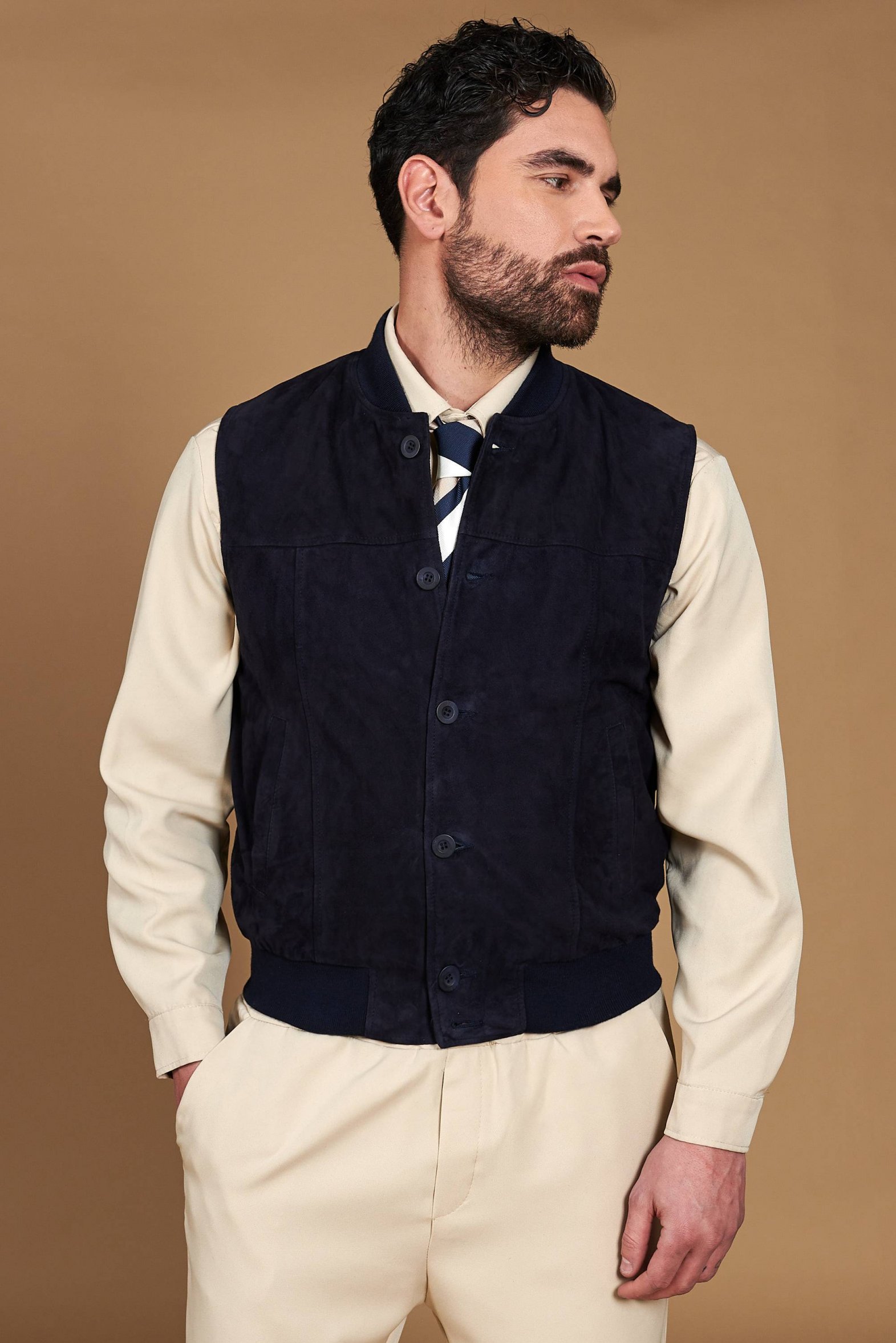 Men's Suede Leather Vest gilet bomber blue Jeff | D'Arienzo