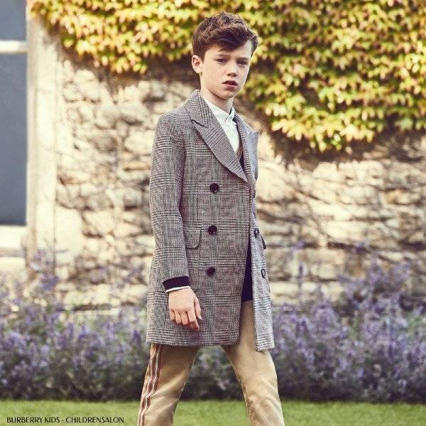Burberry Boys Grey Check Wool Blend Coat & Black Wool Cardigan -