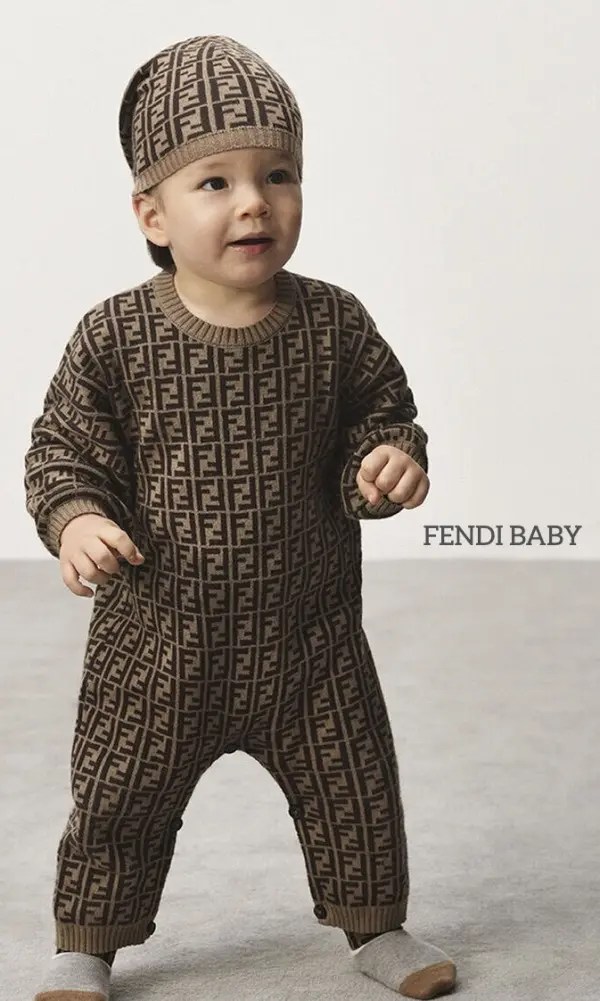 Fendi Baby Brown Playsuit Hat Cashmere FF Logo Knit