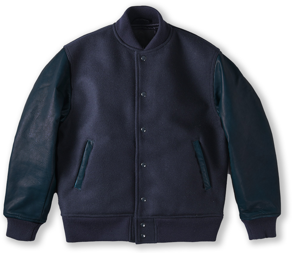 Restock】HEAVY MELTON × INDIGO LEATHER VARSITY JACKET | デニム研究