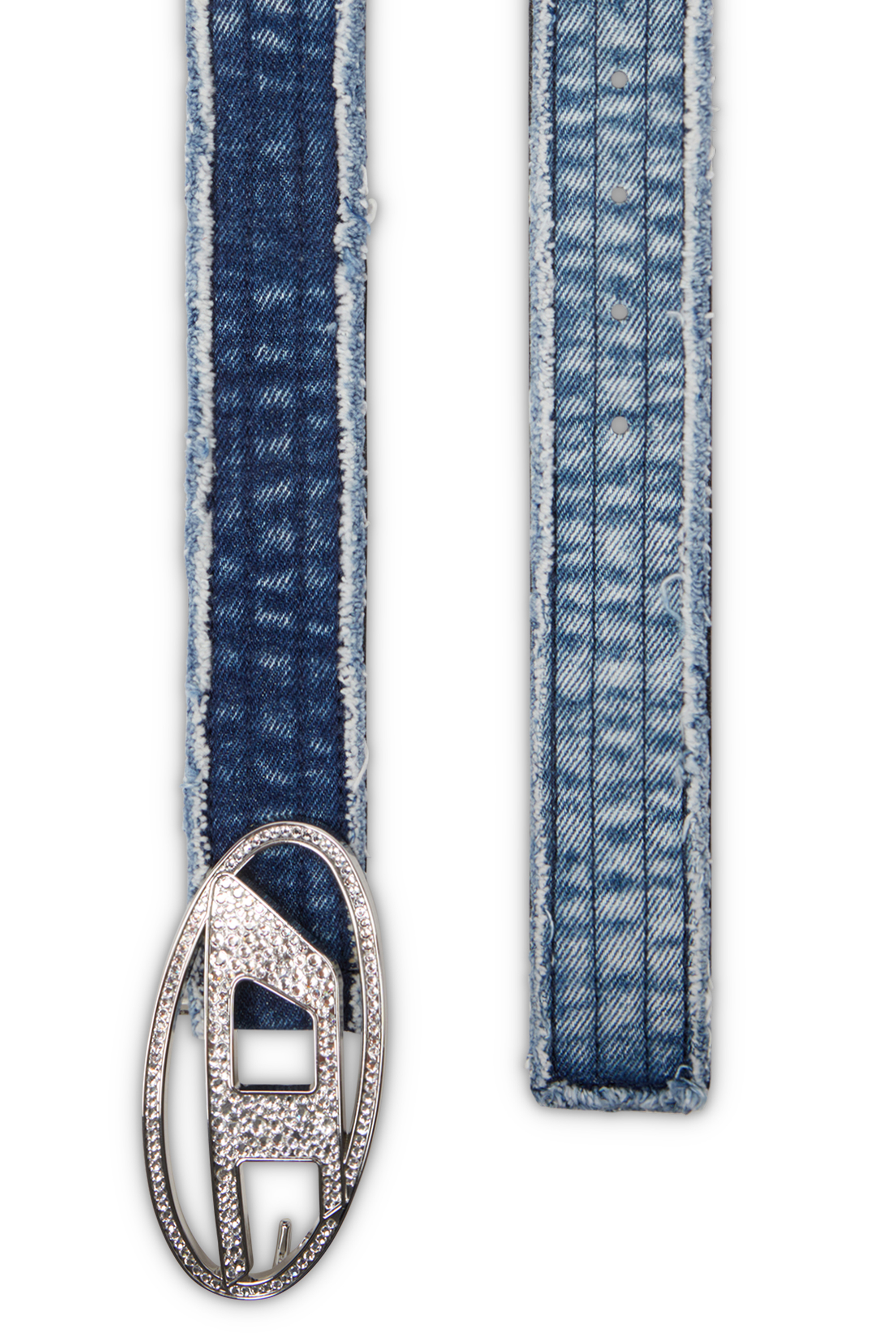 B-1DR STRASS 4cm Leather-backed denim belt with crystals｜ブルー