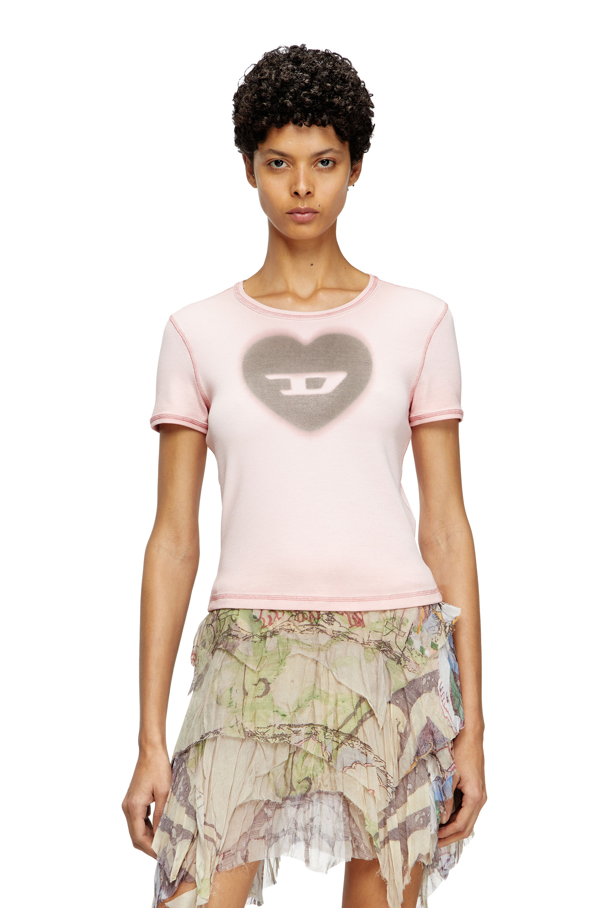 Diesel ウィメンズ Tシャツ ウォーターカラー ハートD リブ Tシャツ