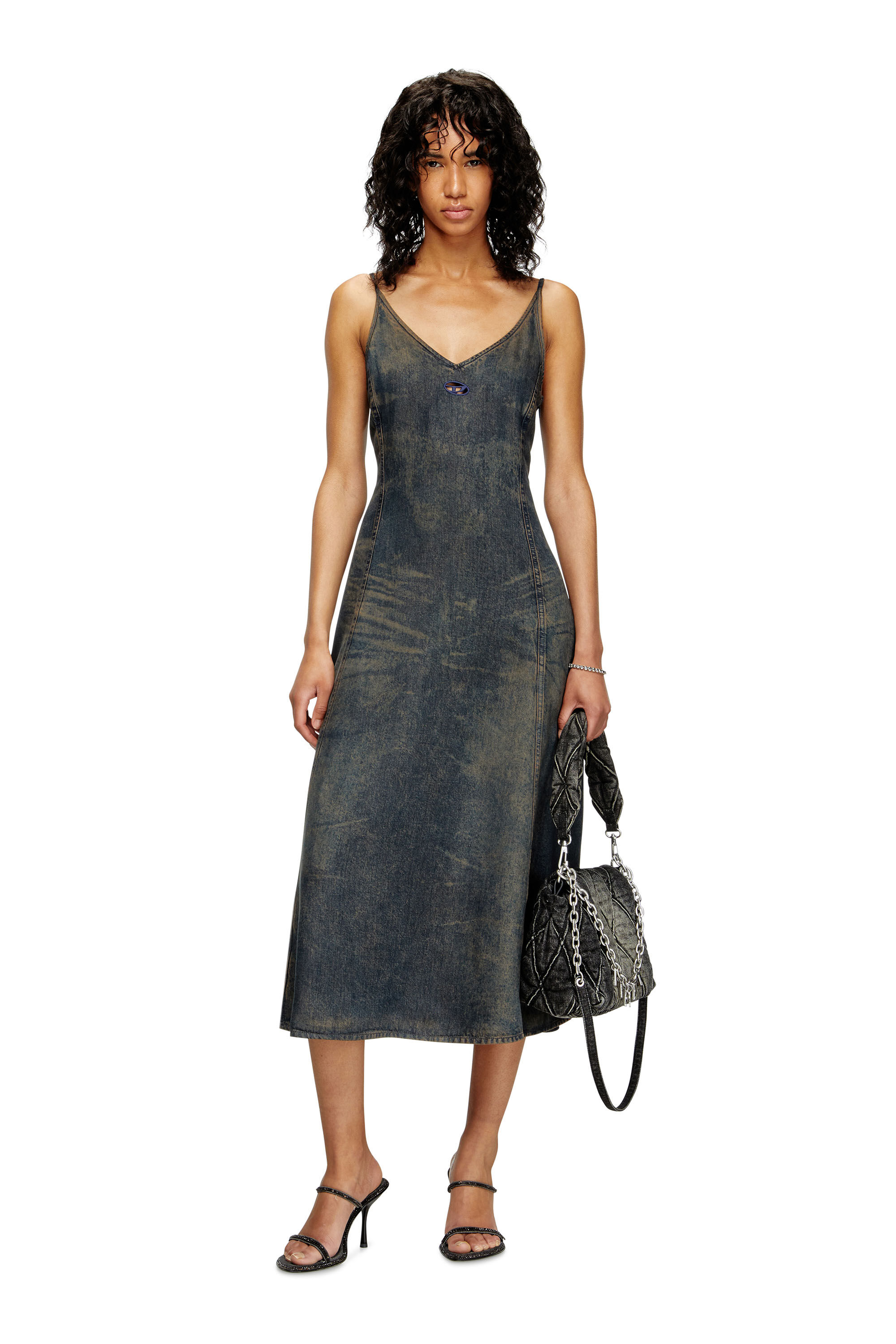 DE-BELD-S Midi dress in fluid dirt-effect denim｜ブルー