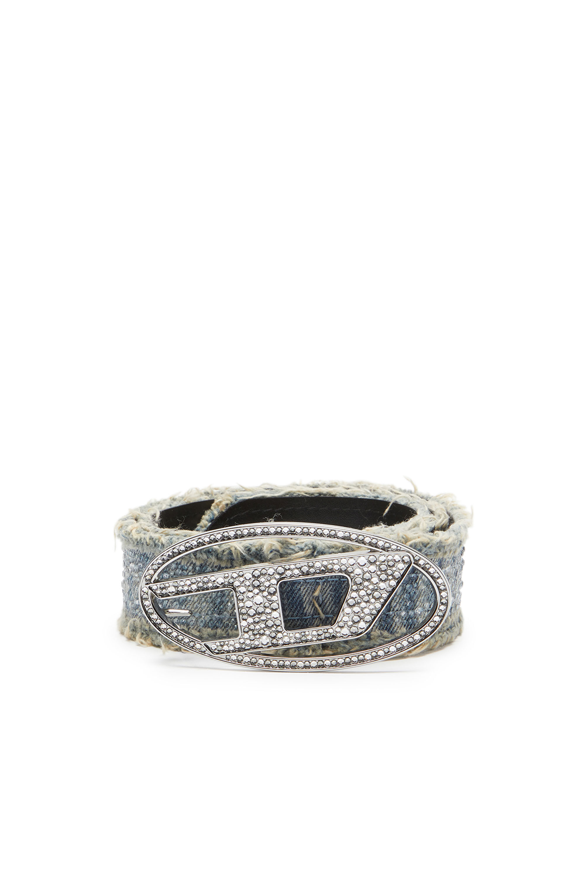 B-1DR STRASS 4cm Leather-backed denim belt with crystals｜ブルー