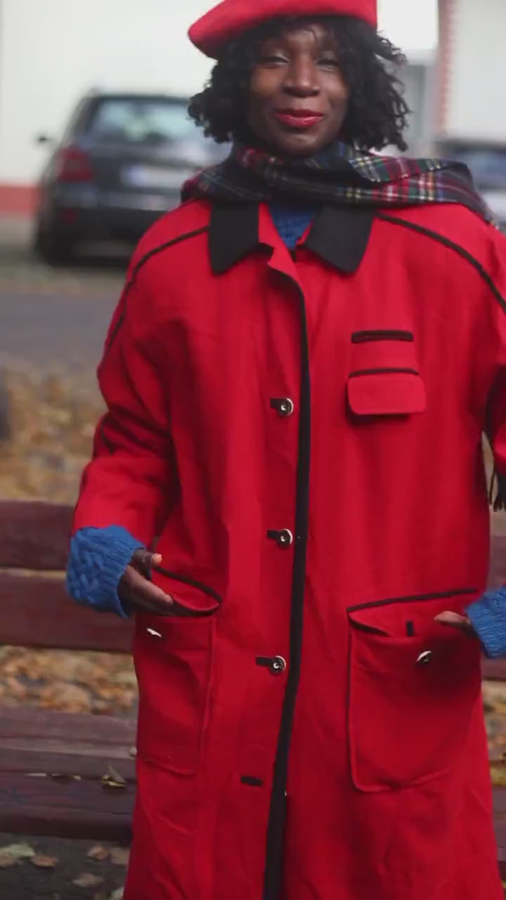 80s Wool Winter Coat | Vintage Whimsical Red Trenchcoat | Women's