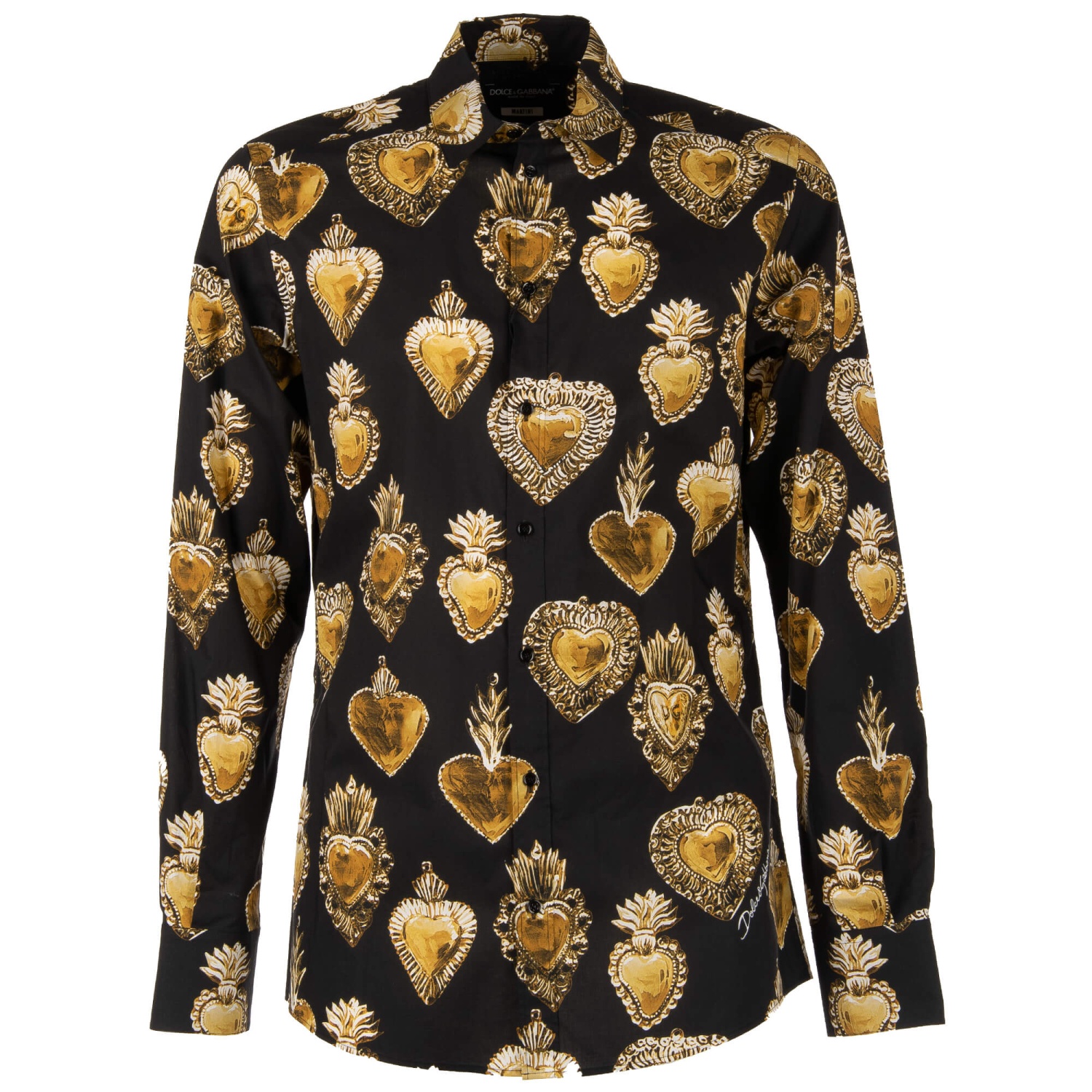 DOLCE & GABBANA MARTINI Sacred Heart Print Cotton Shirt Black Gold