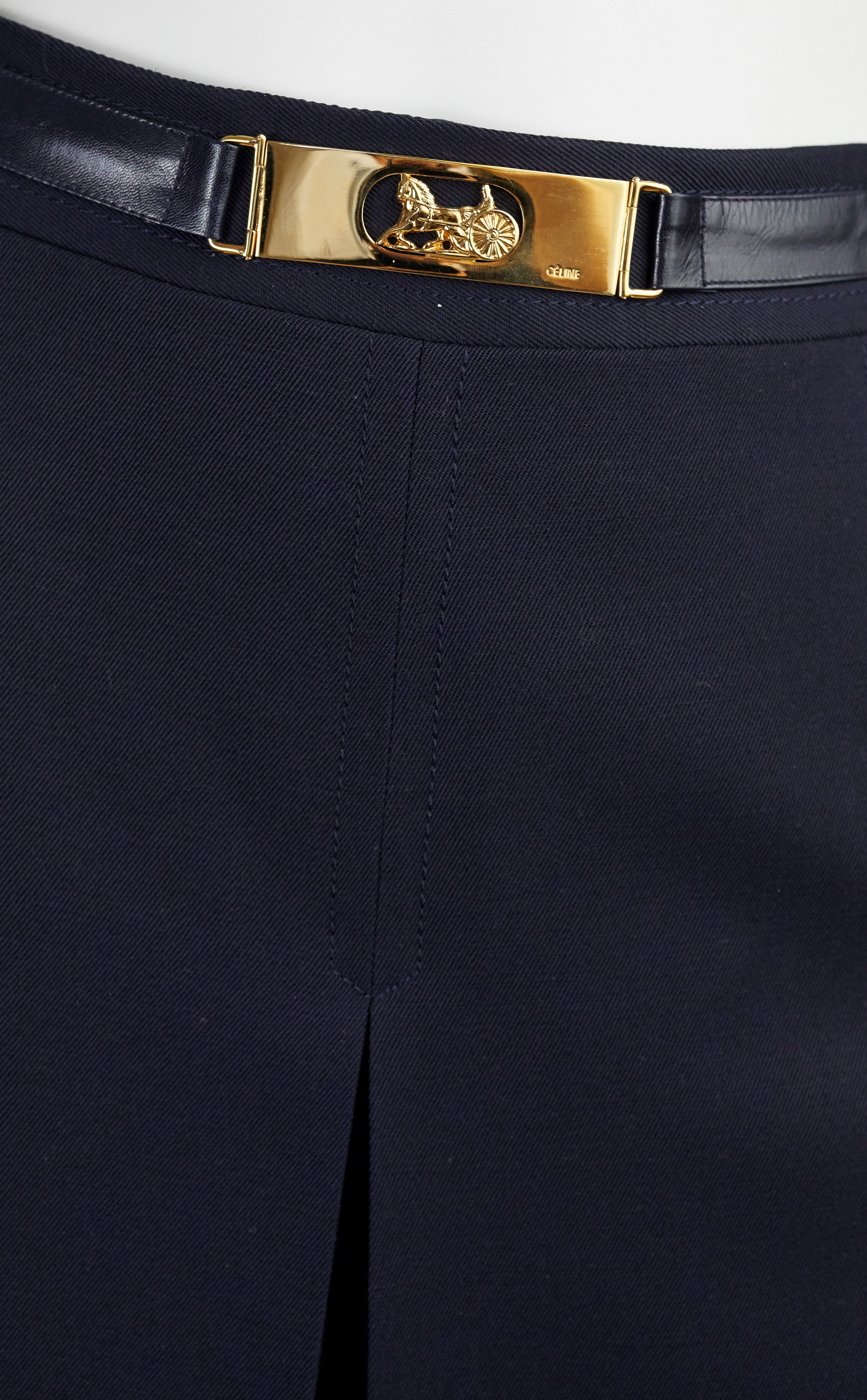 Céline 1970s Gold Logo Buckle Navy Wool Pleated Skirt