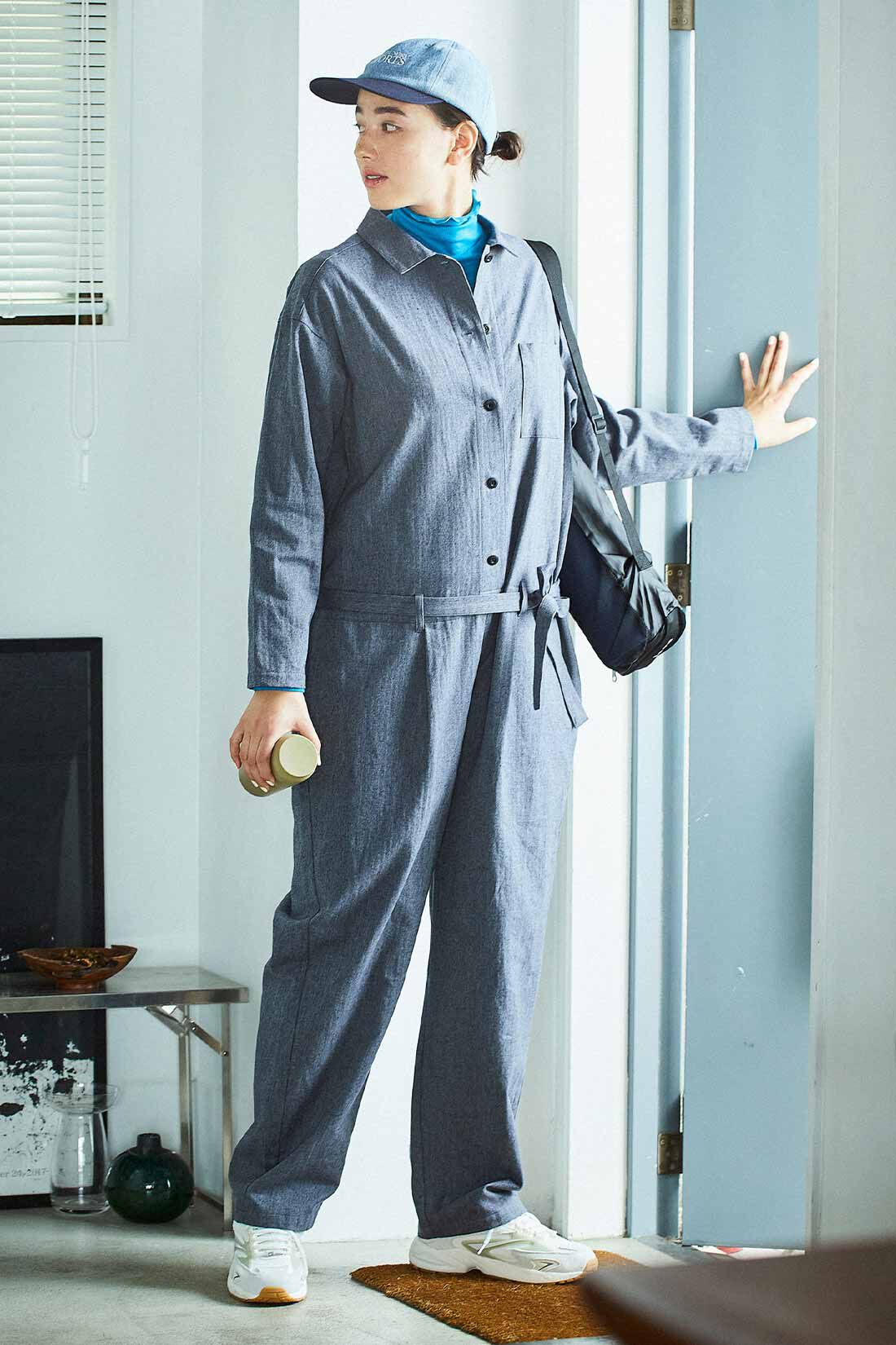 THREE FIFTY STANDARD ヘリンボーン柄のオールインワン〈ネイビー