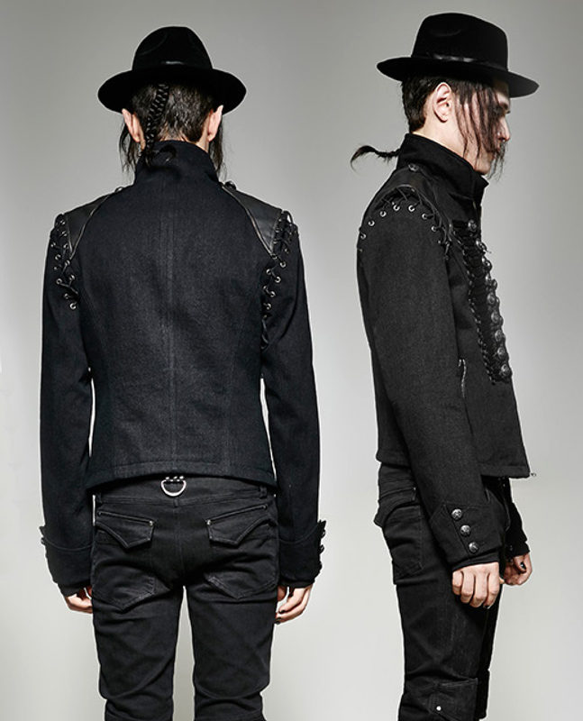 Black Braided Gothic Military Denim Jacket with Leather Shoulders