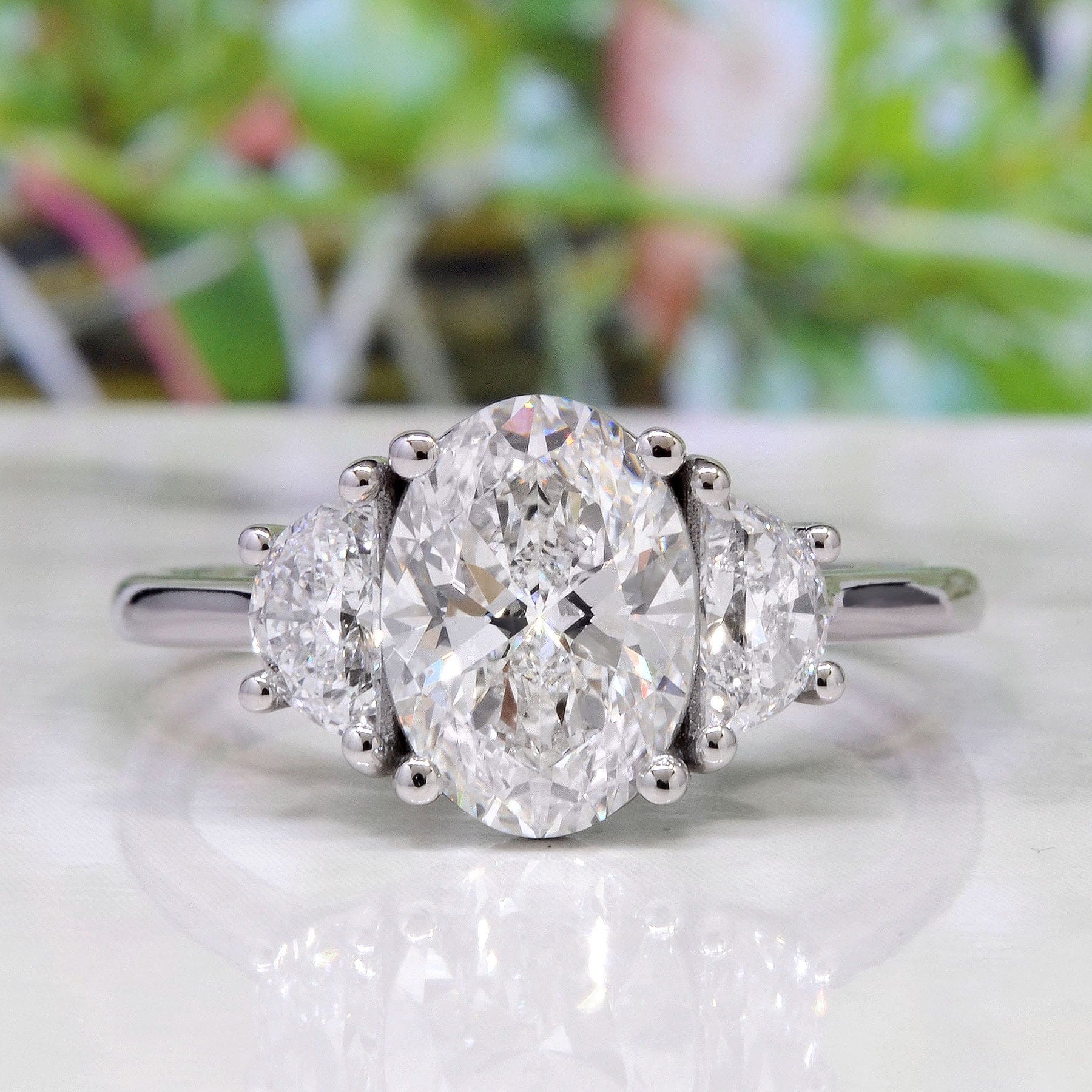 Oval Half Moon Side Stones, Oval Ring, 2.6 Ct H VS1 GIA