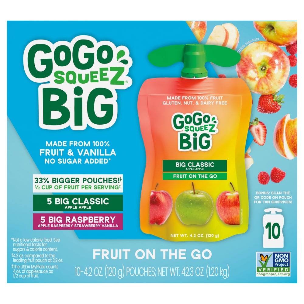 GoGo SqueeZ Big SqueeZ Apple & Raspberry Applesauce Pouches, 10 ct